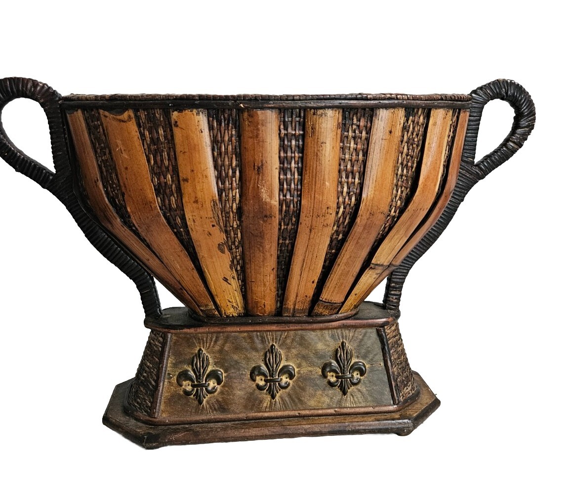 VTG Bamboo Wooden Wicker Large Vase with Fleur-de-Lis Design 21" x 13"  Vintage