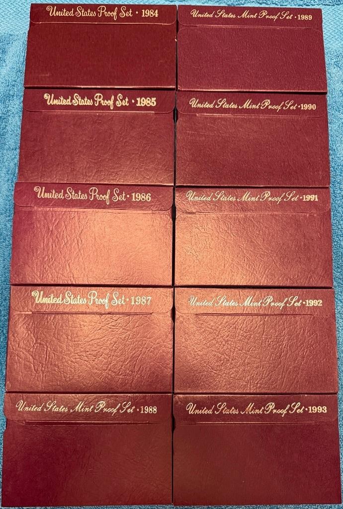 TEN Purple Box PROOF SET Run. 1984 1985 1986 1987 1988 1989 1990 1991 1992 1993