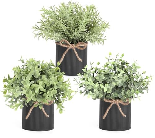 3 Pack Small Fake Plants in Galvanized Metal Pots Artificial 3 inch Black