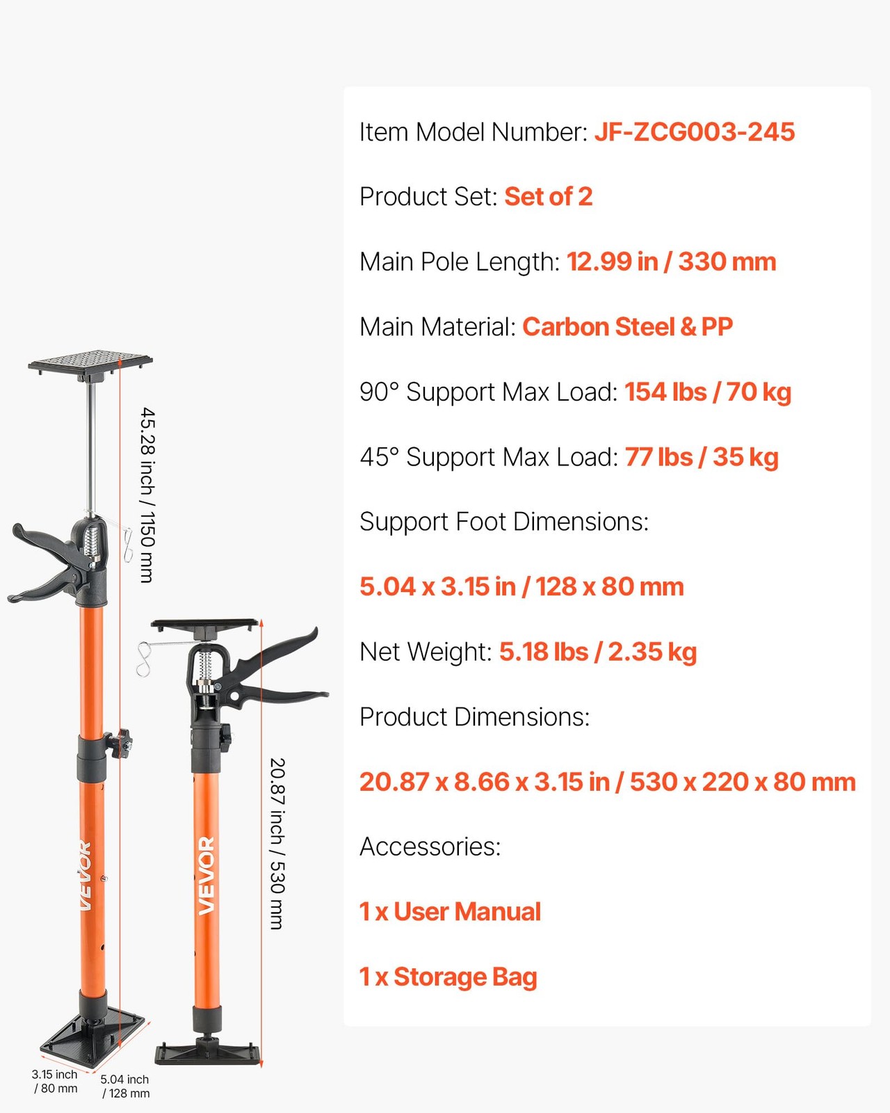 Vevor Cabinet Jack Support Pole 2-Pack Telescopic Steel Support Rod Adjustable 2