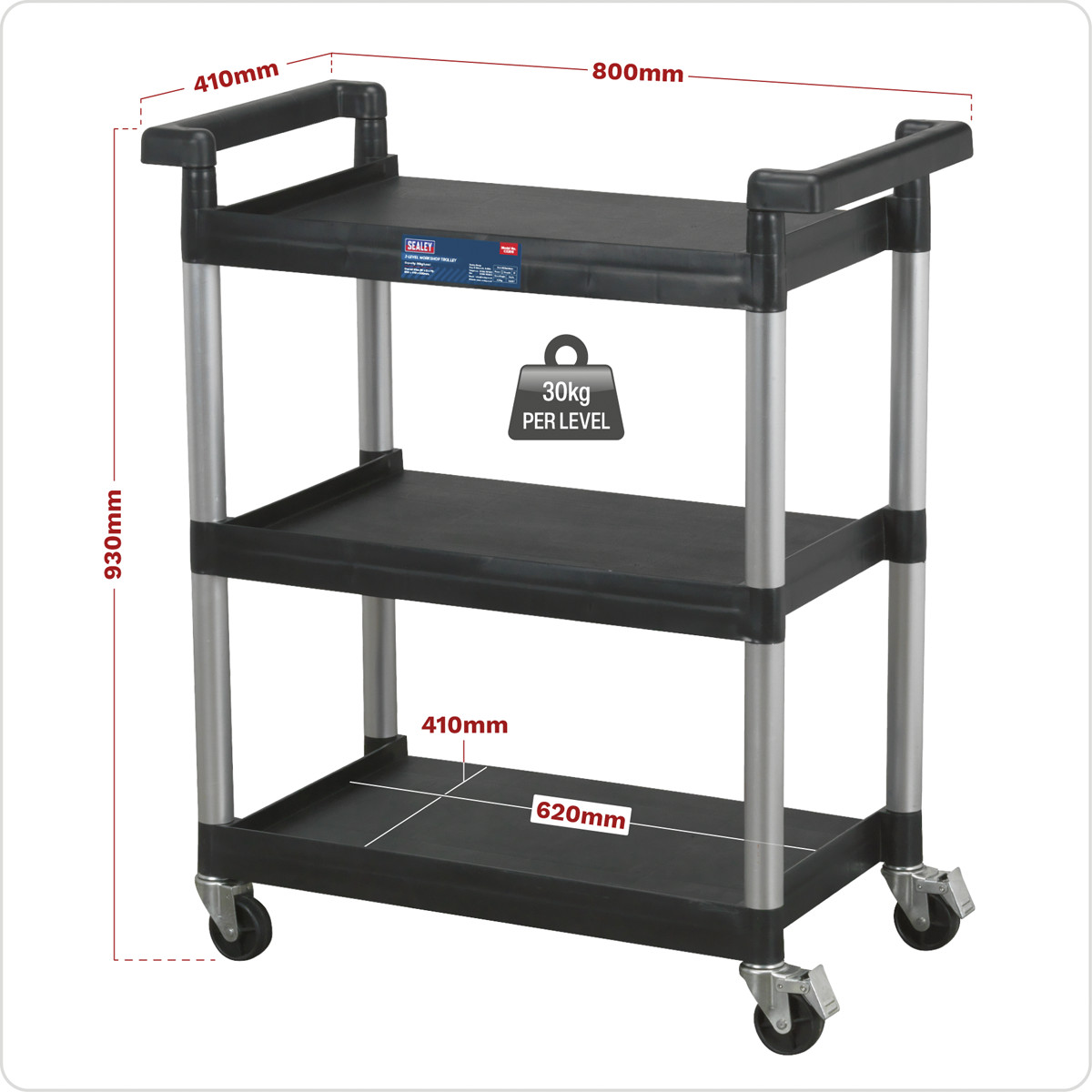 Sealey 3-Level Workshop Trolley With 30kg Capacity Per Shelf Black/Silver CX308