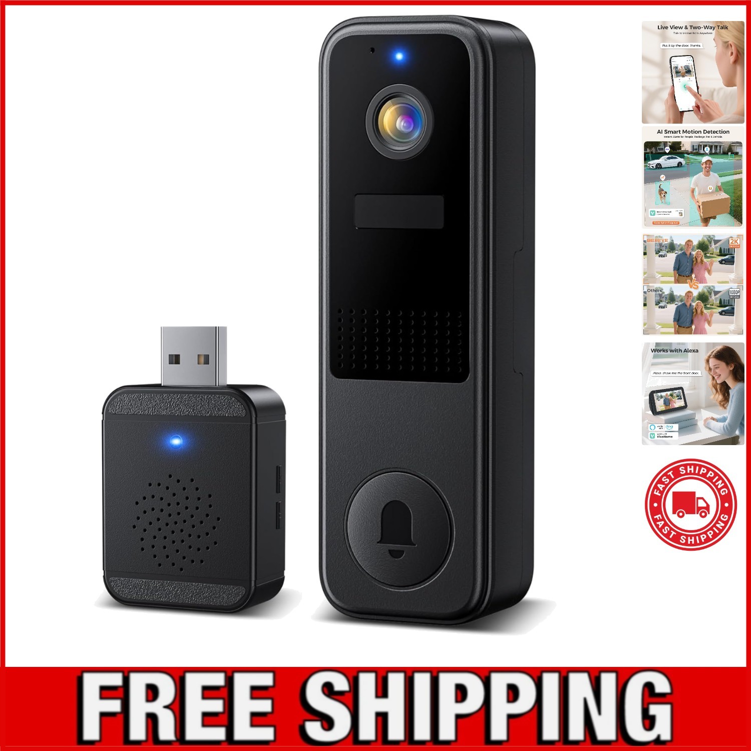 DB4 2K Battery Video Doorbell, Smart Wireless Doorbell Camera with Ring Chime...