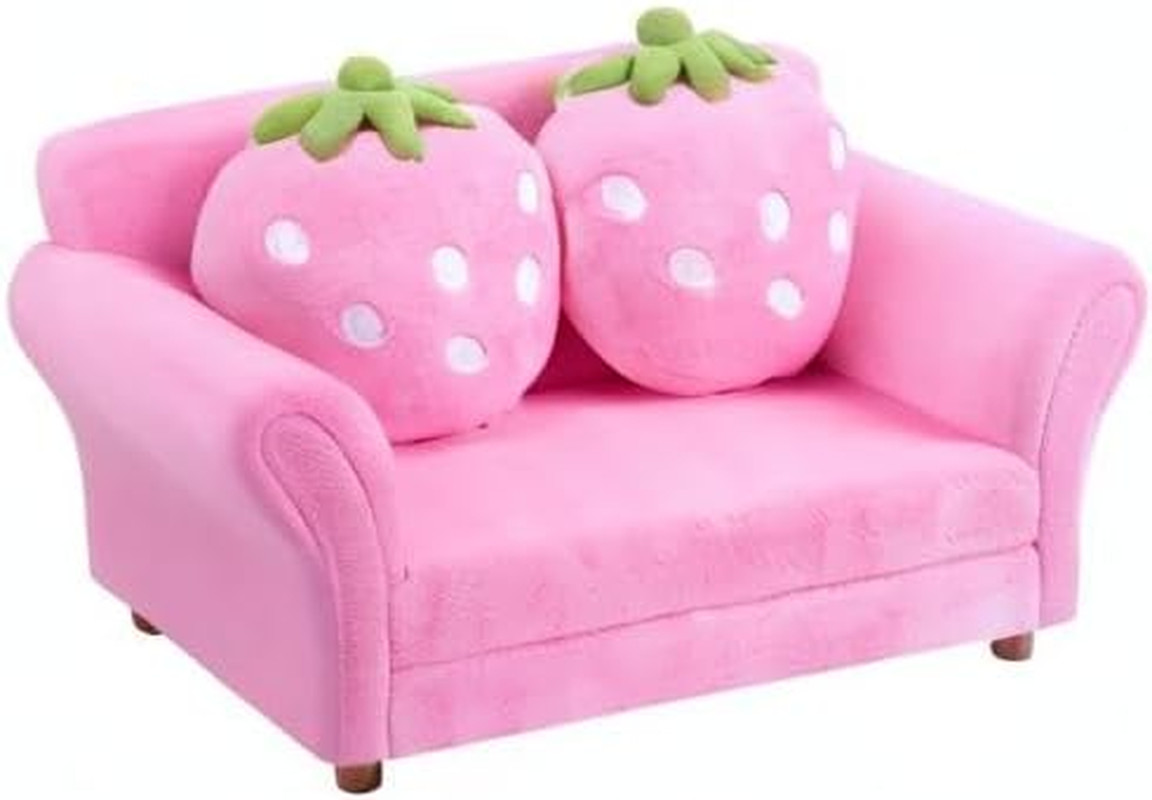 Kids Sofa, Children Upholstered Loveseat Lounge Bed W/ 2 Cute Strawberry Pillows