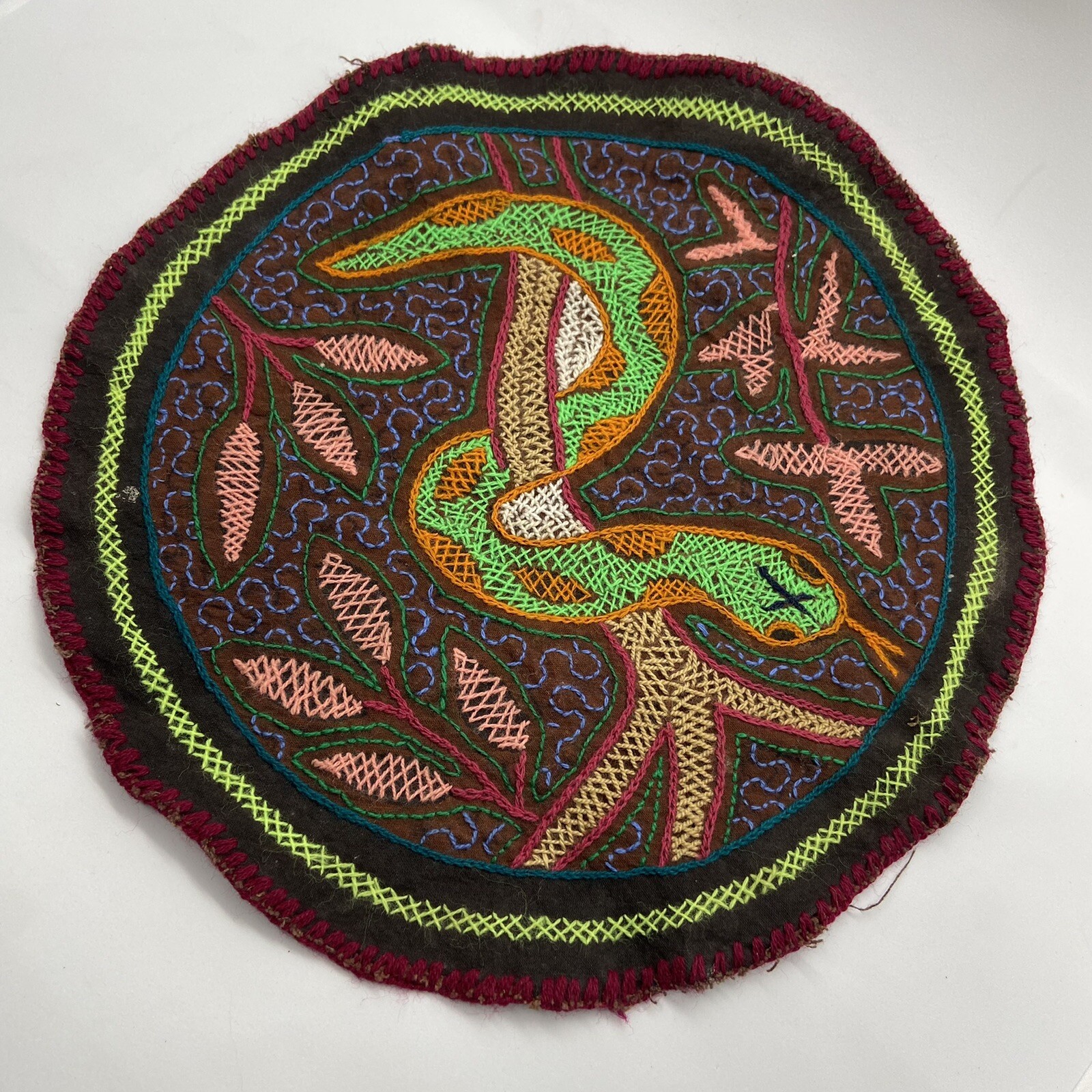 Shipibo Hand Embroidered Round Patch | Snake | 10.5" (27 cm) Diameter