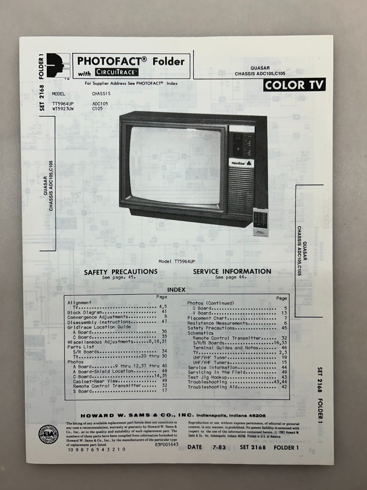 Quasar ADC105 Service Manual Sams Photofact Free Shipping