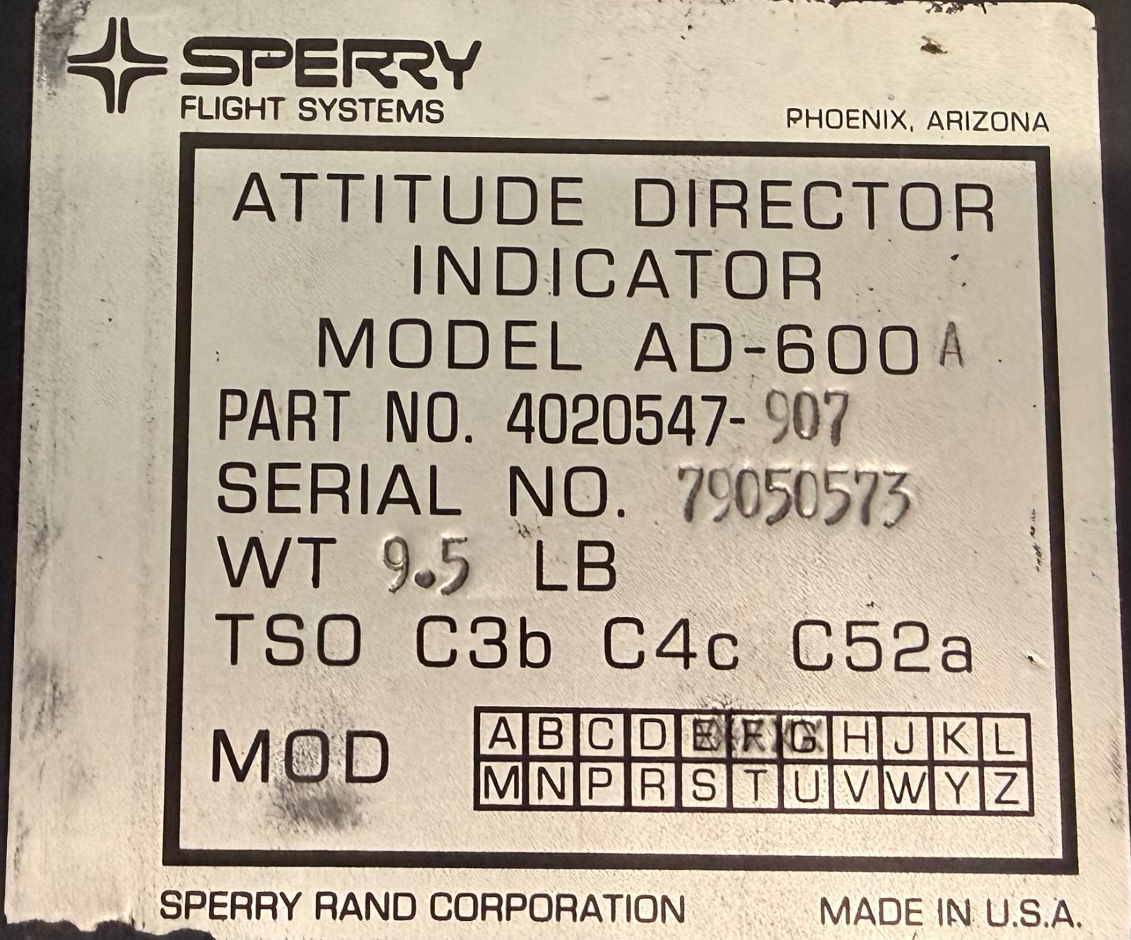 Attitude Director Indicator AD600A 4020547-907 Removed Working