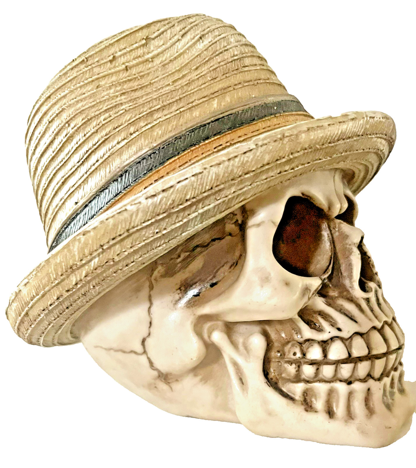 Ceramic Skull Collectible 7" Grinning with Hat Fedora Halloween Table Top Decor