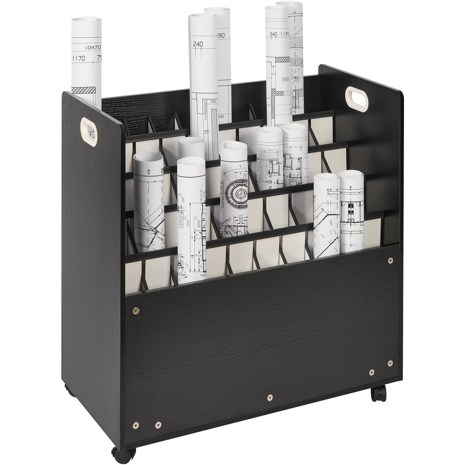 Uimoso Blueprint Roll File Holder 50 Slots Mobile Wooden Blueprint Storage Cart