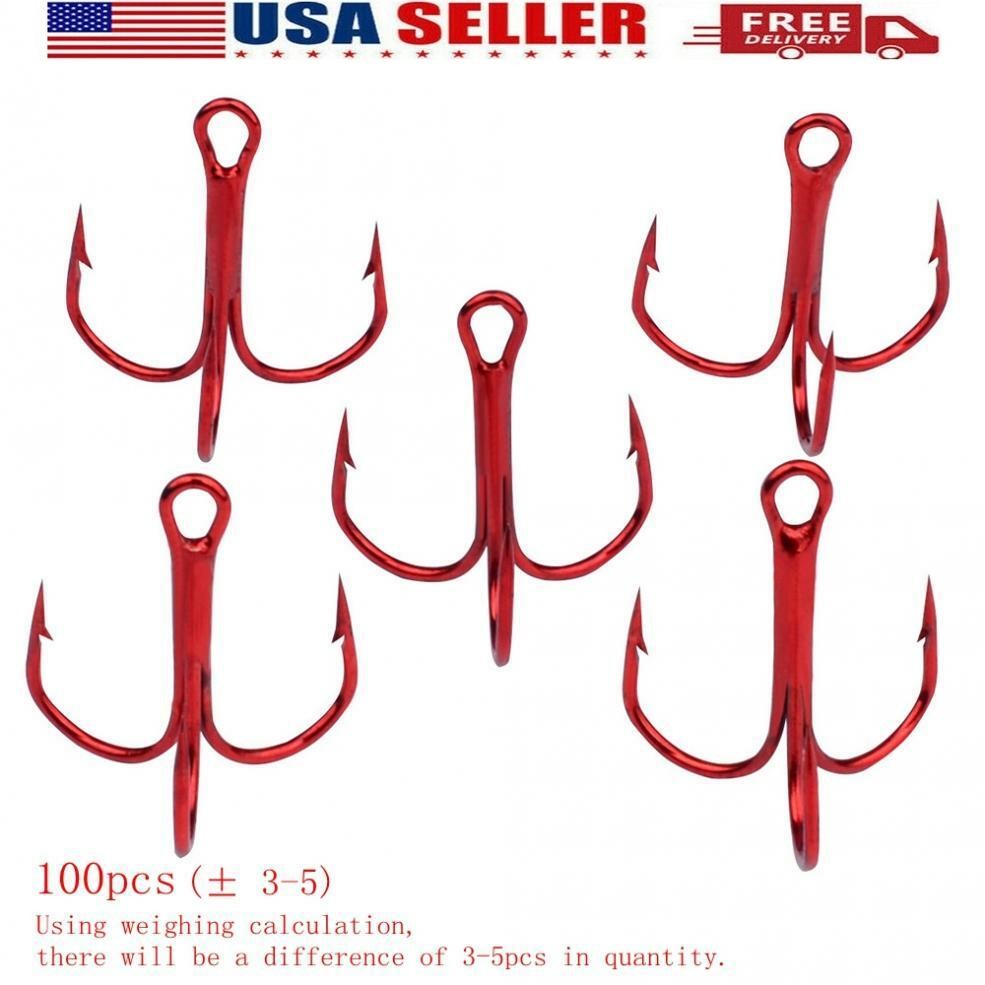 100pcs/Box Red Treble Hooks High Carbon Steel Sharp &Round Bend Size #2 #4 #6 #8