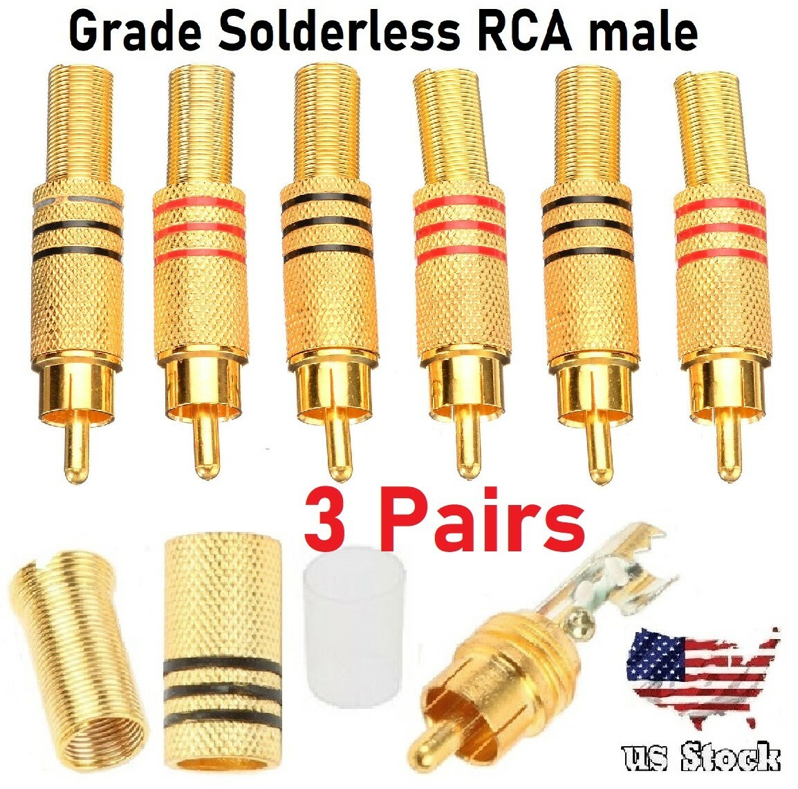 6-Pack Screw-on Strain Relief RCA male Metal Audio Video Connector Adapter (R23)