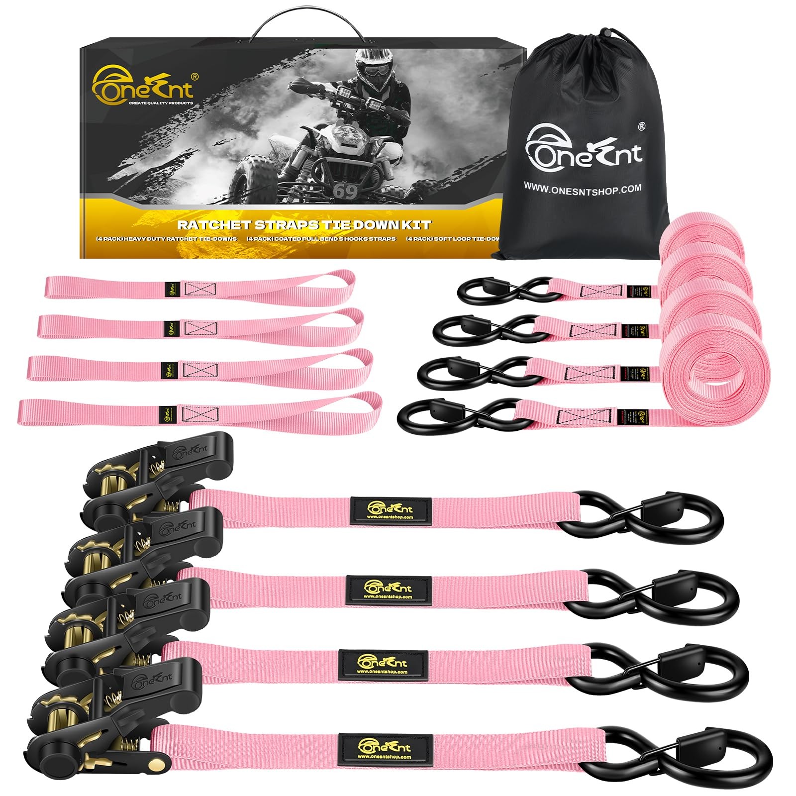 4Pcs Ratchet Tie Down Straps Kit for 2400lb Break Strength | 1” x Pink, Pink