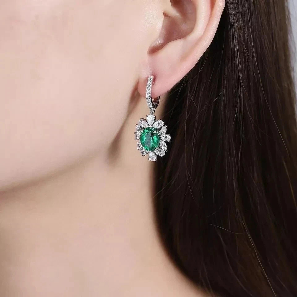 7.42Ct Oval Cut Lab Created Emerald Diamond Earring Stud 14K White Gold Plated