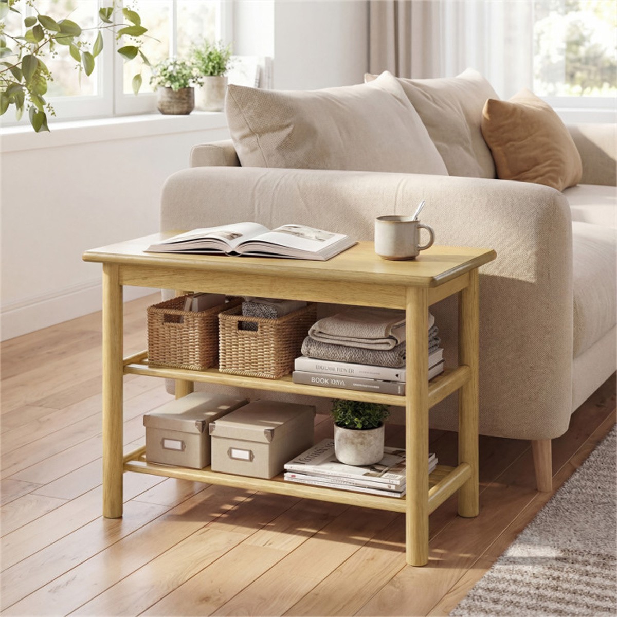 Rubberwood 3-Tier Shoe Rack Bench 24 Inch Entryway Storage 485LBS Capacity