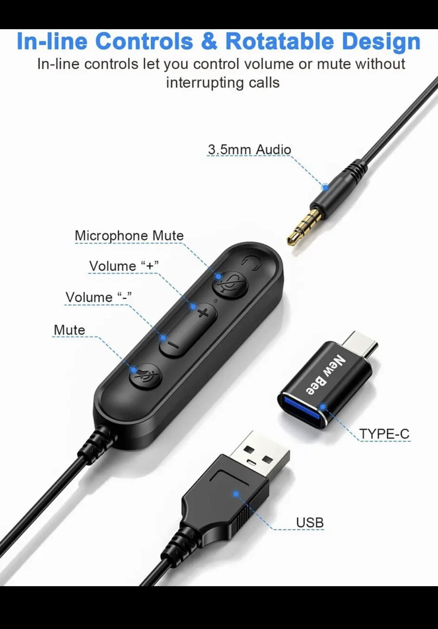 New Bee USB Headset with Microphone for PC Computer Headset, Single Ear Headset
