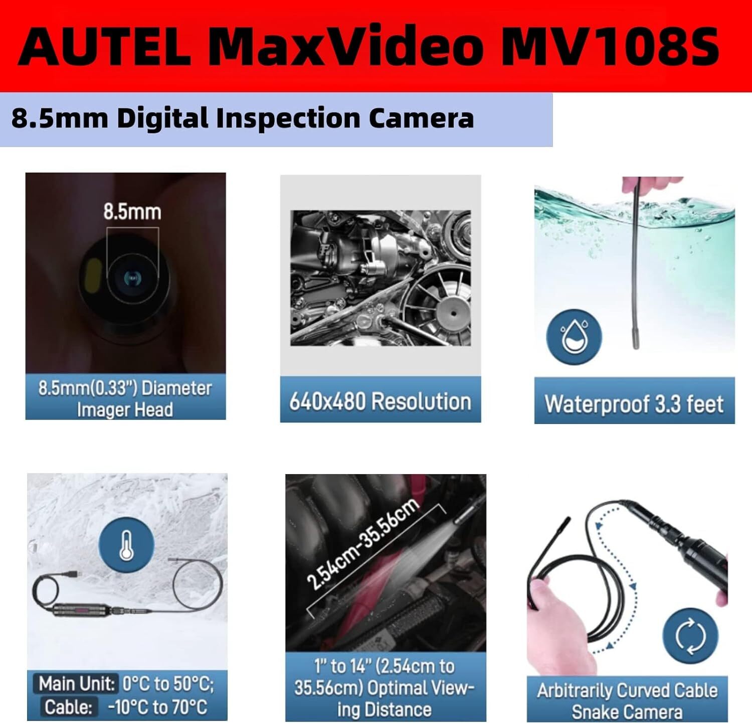 Autel MV108S MaxiVideo Inspection Video Scope 8.5mm Digital For MK808BT MP808TS