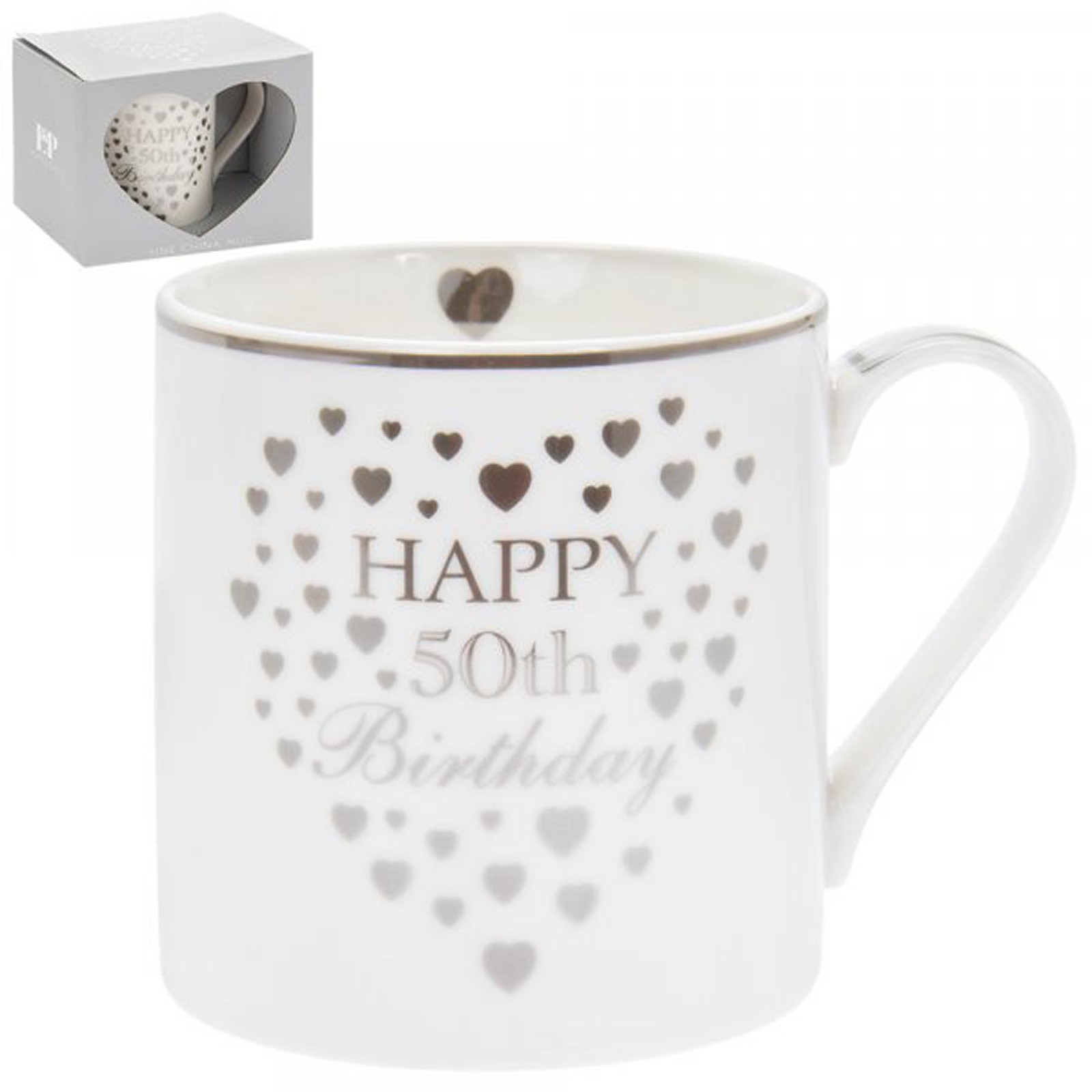 Fine China Birthday Age Mug Boxed Gift Silver Hearts - 50th