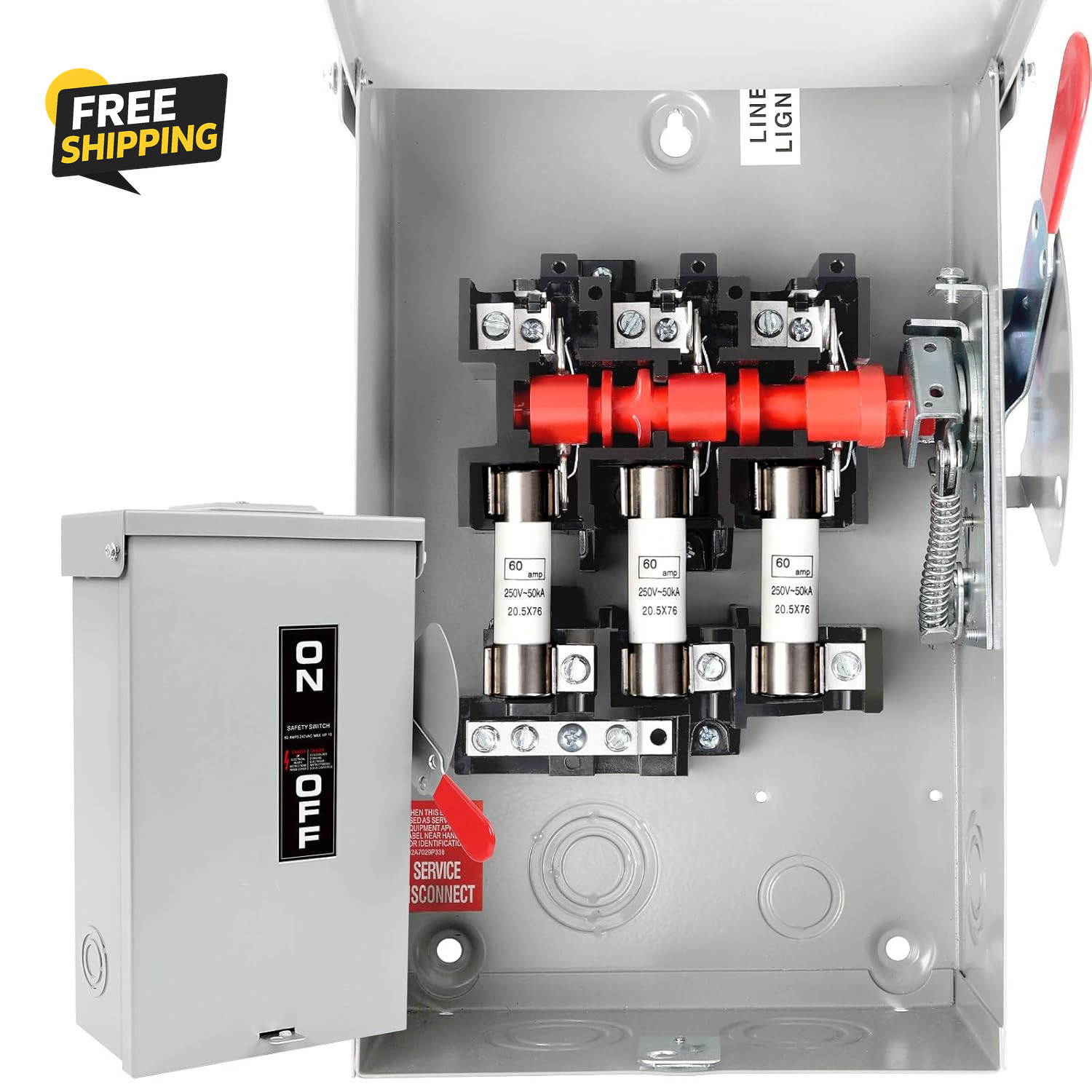 3P 60 Amp Fused Disconnect Switch NEMA 3R 110/240V Outdoor Heavy Duty Metal