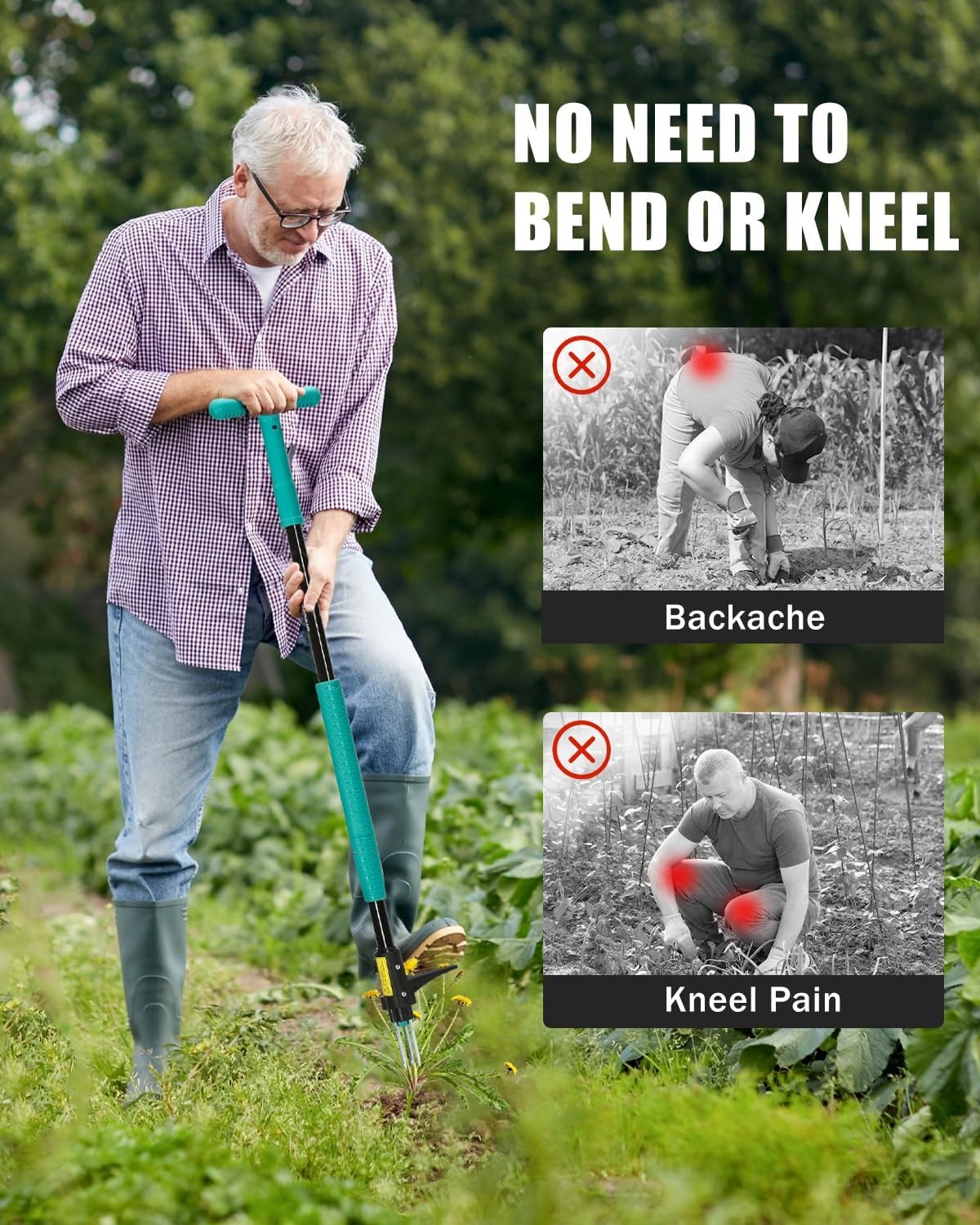 Breeze Touch 39" Weed Pulling Tool, 3-Claw T-shaped Handle, Common Teal