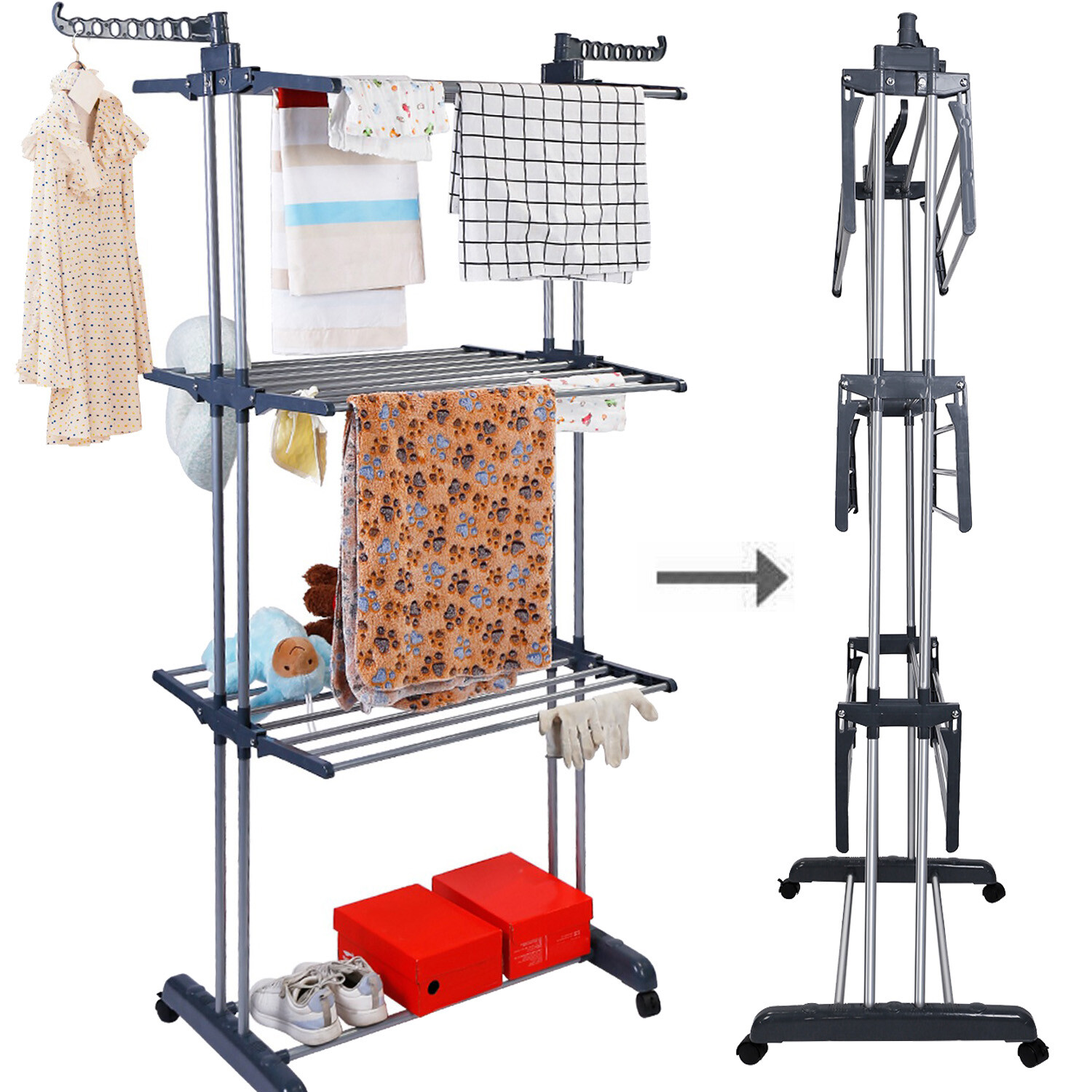 3 Tier Laundry Organizer Folding Drying Rack Clothes Dryer Hanger Stand Mobile
