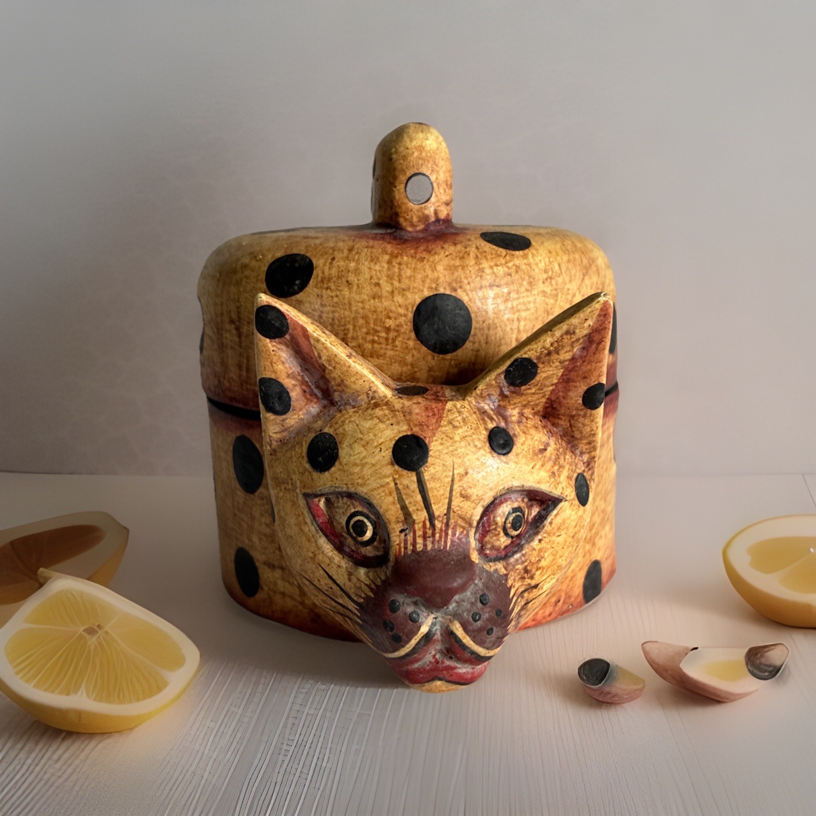 Carved Wood Cat Trinket Box Folk Art
