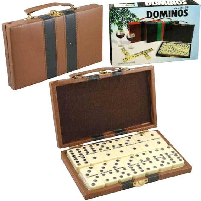 Double Six Dominoes Set 28pc Ivory Tiles Metal Spinners Leatherette Case Game