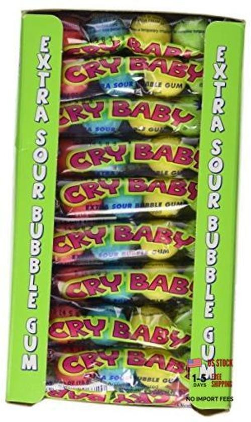 Cry Baby Extra Sour Original Bubble Gum 4 Count Tubes (Pack of 36 Tubes)