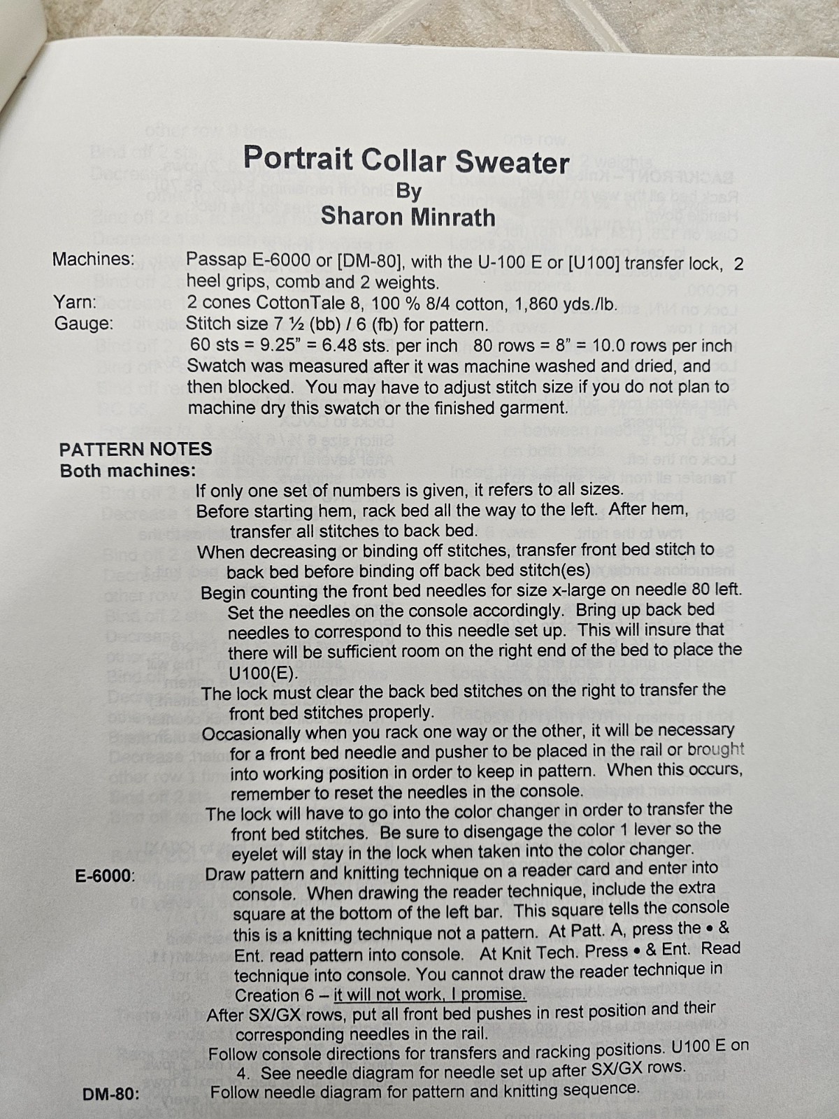 Portrait Collar Sweater Pattern for PASSAP E6000 or DM 80