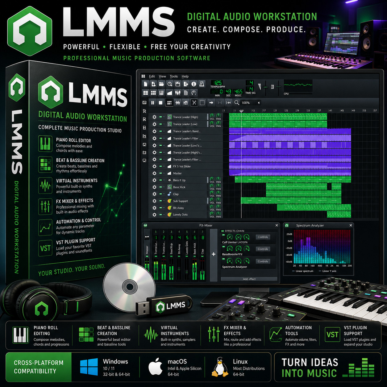LMMS DAW Music Production Beat Maker FL Studio Synth VST USB CD Win Mac Linux