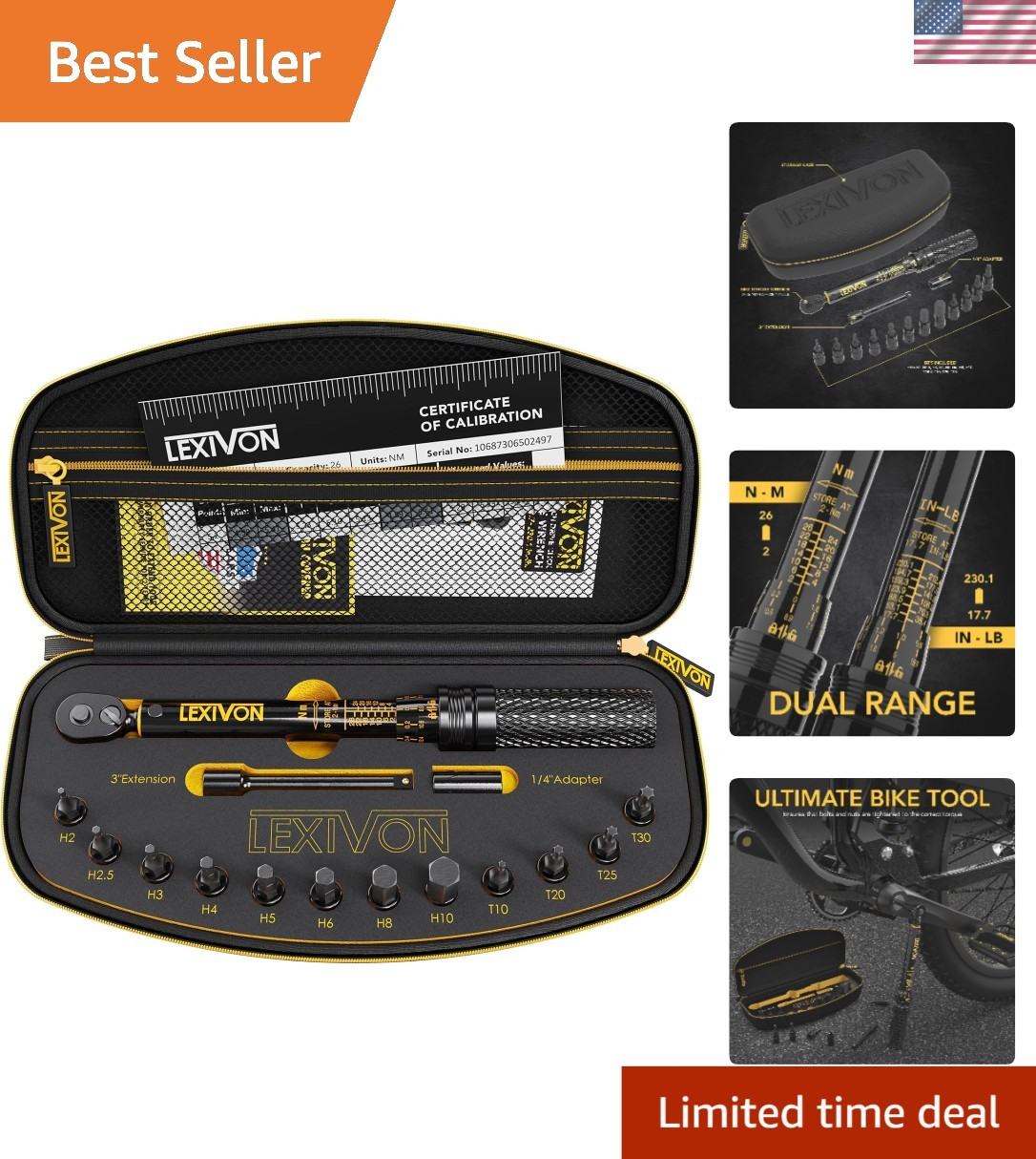 Bike Torque Wrench Kit 1/4-Inch Drive 72-Tooth Gear 15-Piece Set