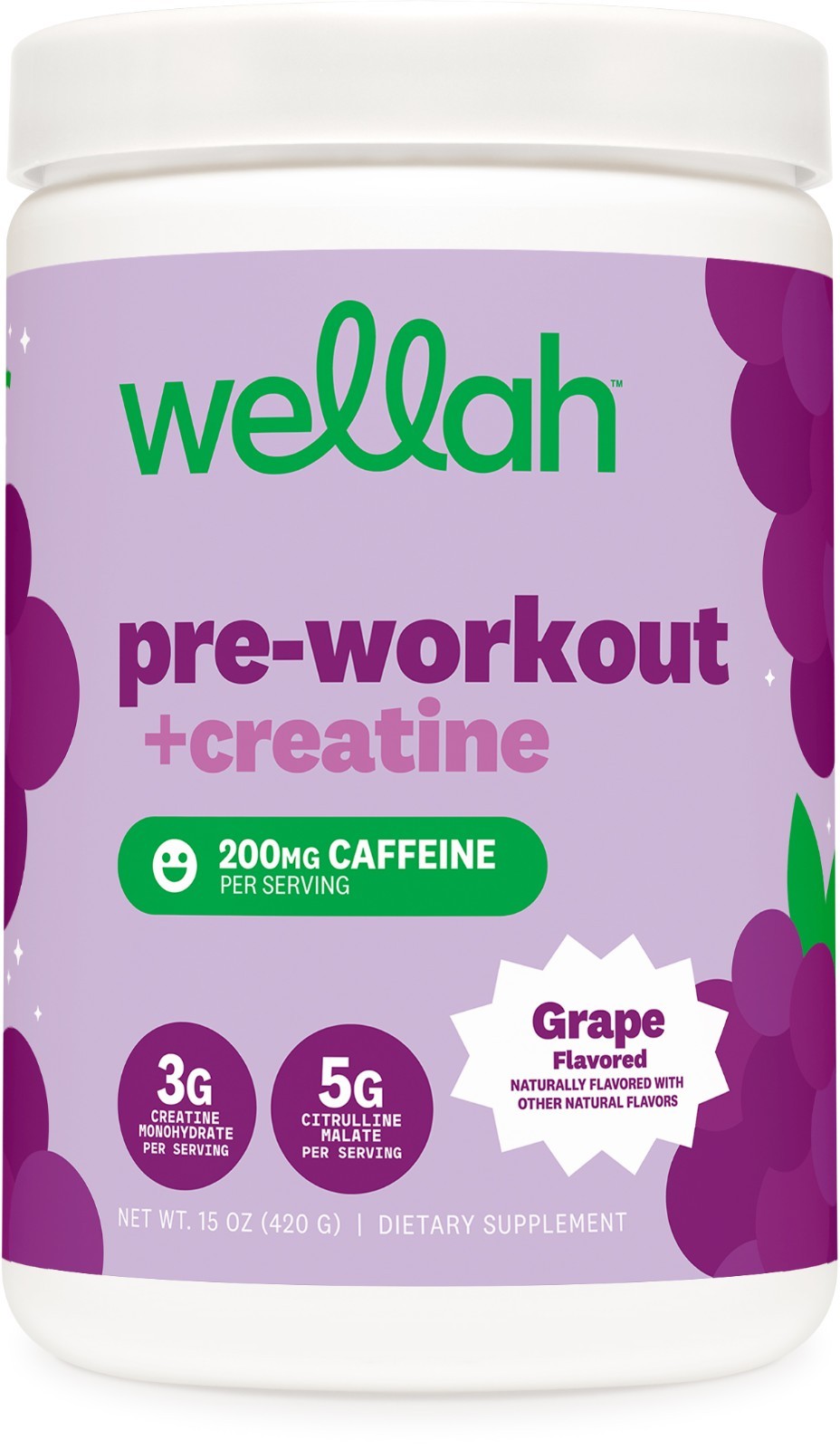 Wellah Pre-Workout + Creatine Powder (30 Servings) Grape - 200mg Caffeine
