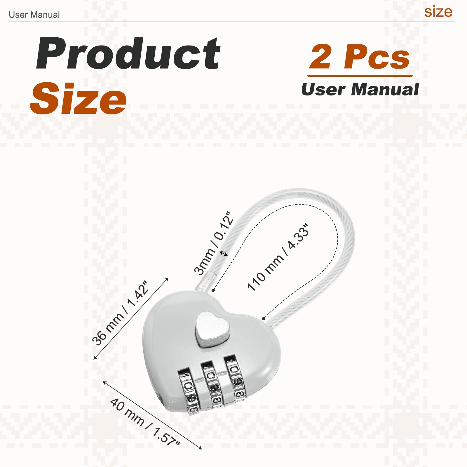Combination Padlock (4.3 Inch, Grey)(2 Pcs), 3-Digit Heart Shaped Combo Padlock