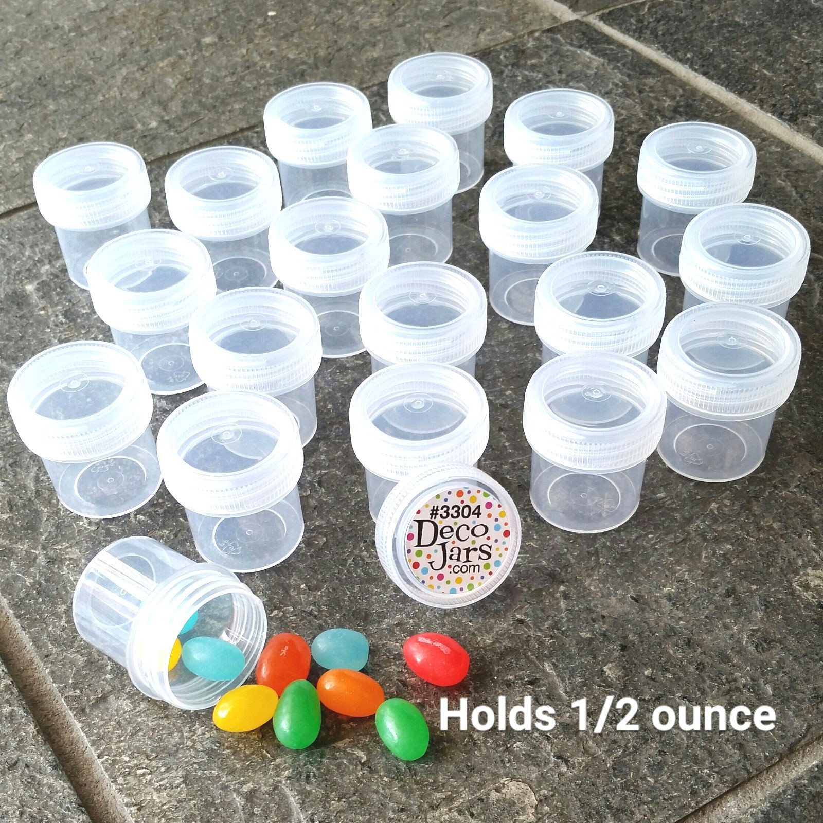 10 one half oz 1  1/4" tall Plastic JARS Clear Caps Travel Samples 3304 DecoJars