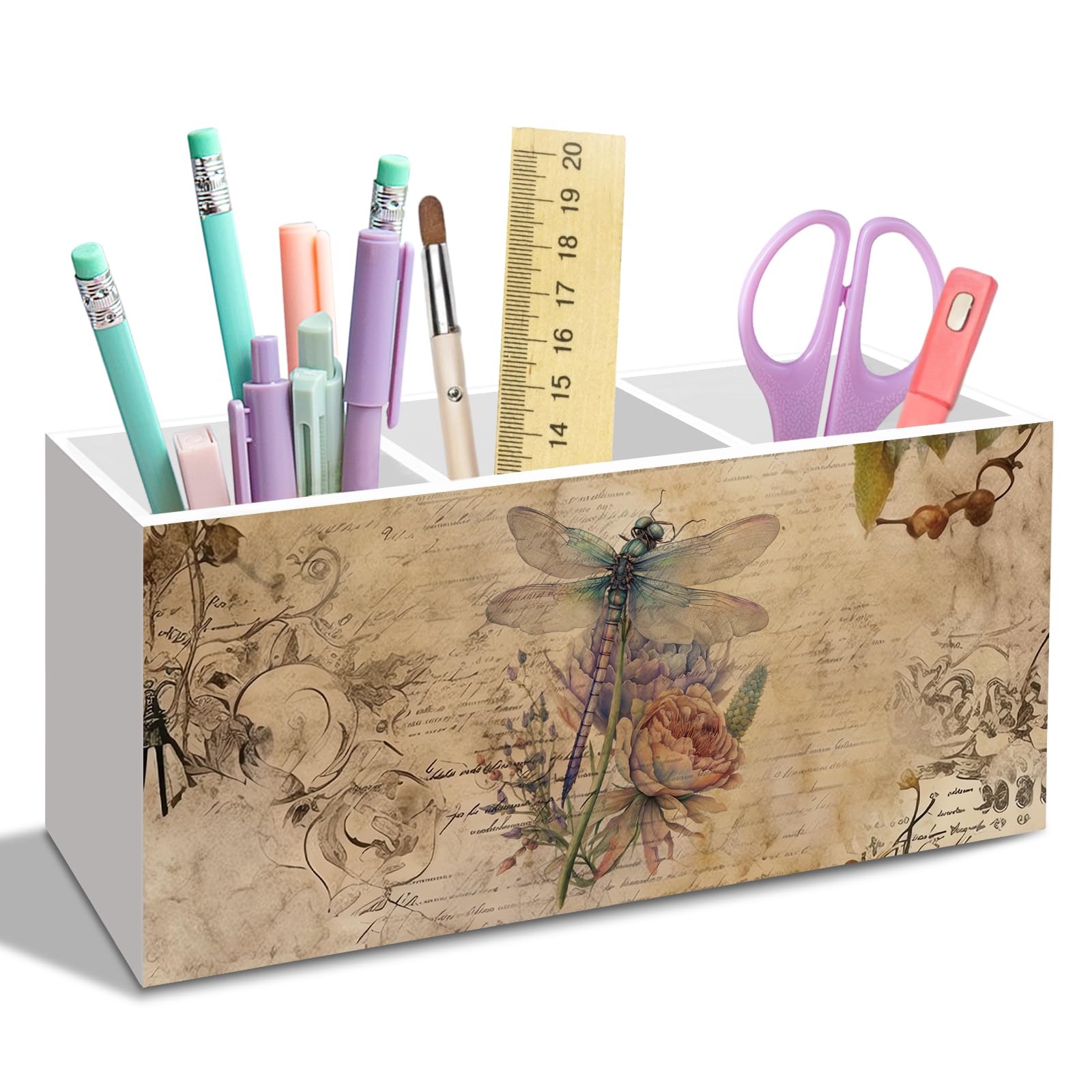 Dragonfly Pen Pencil Holder for Desk, Retro Dragon Fly Floral Office Desk Acc...