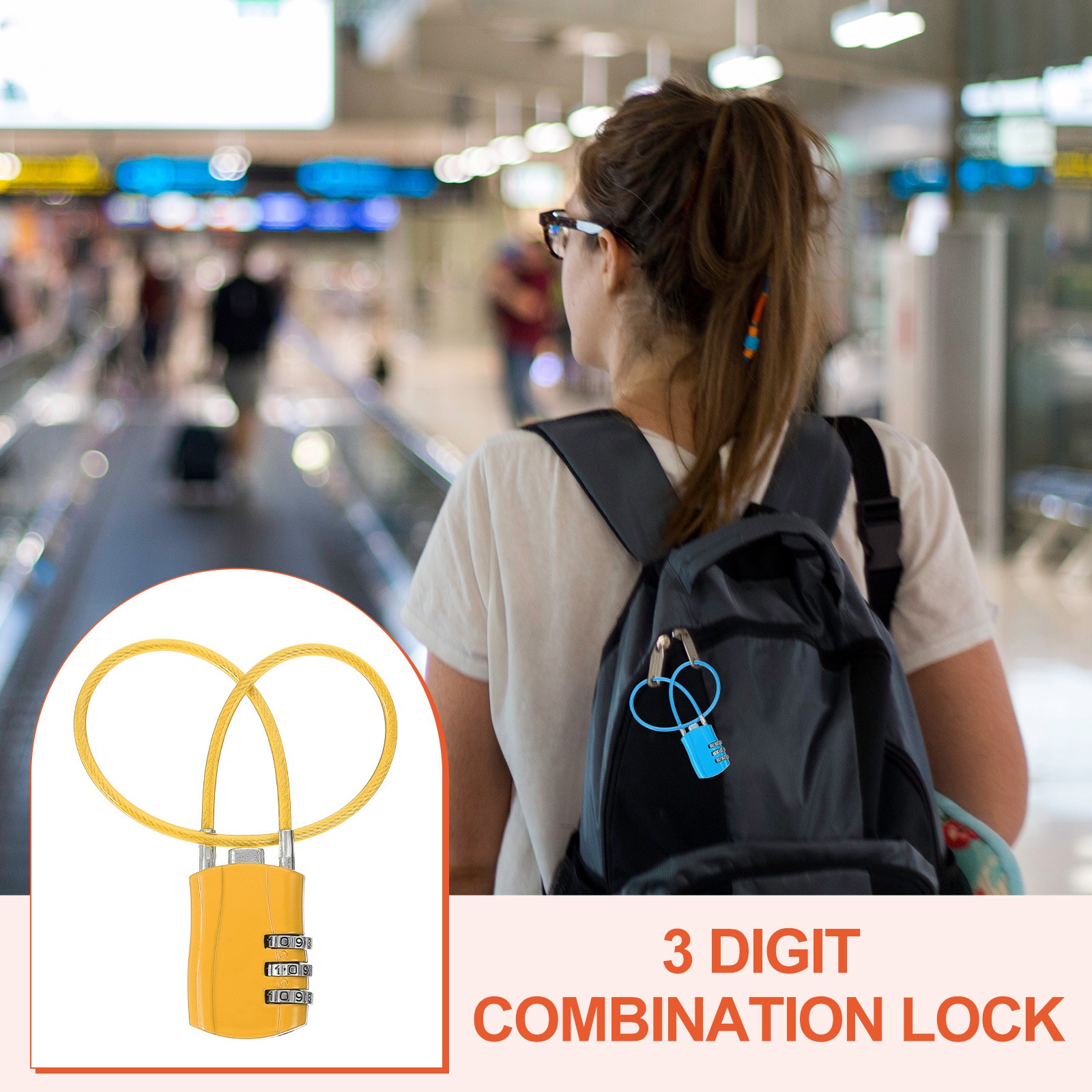 4 Pcs 3 Digit Luggage Cable Combination Lock with 12" Long Cable, Yellow