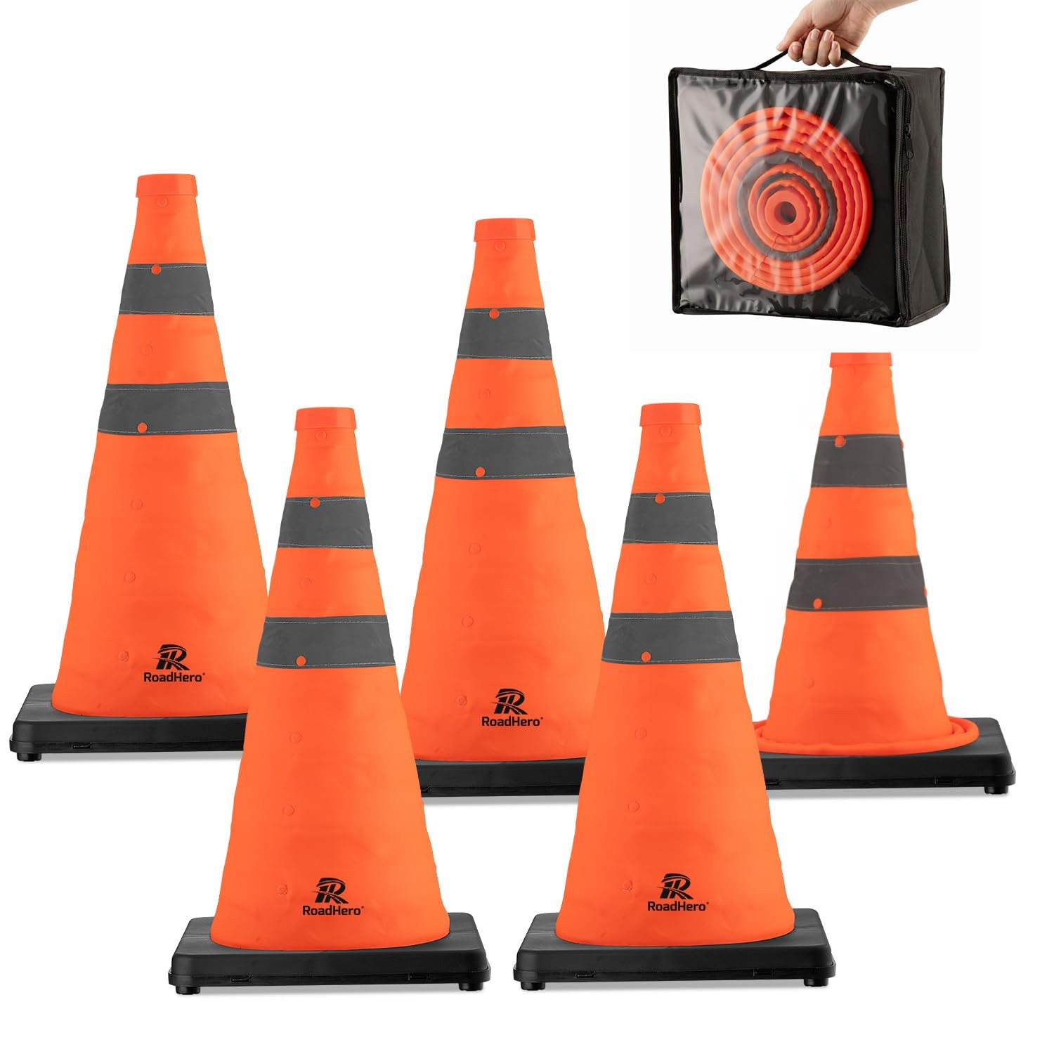 RoadHero Collapsible Traffic Safety Cones, Plastic Orange Pop-up Cones with R...