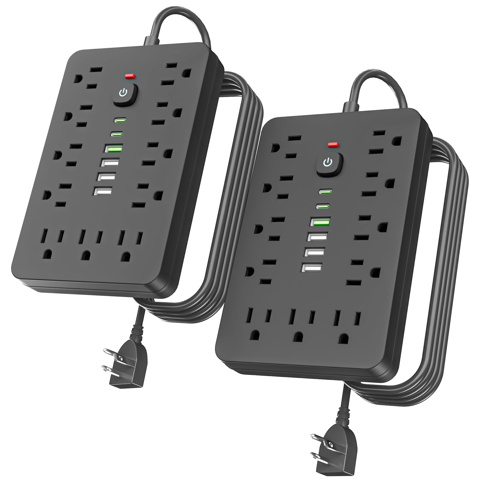 JouleLoom 2PCS 6 FT Flat Plug Surge Protector Power 6 FT-2Pack, Black