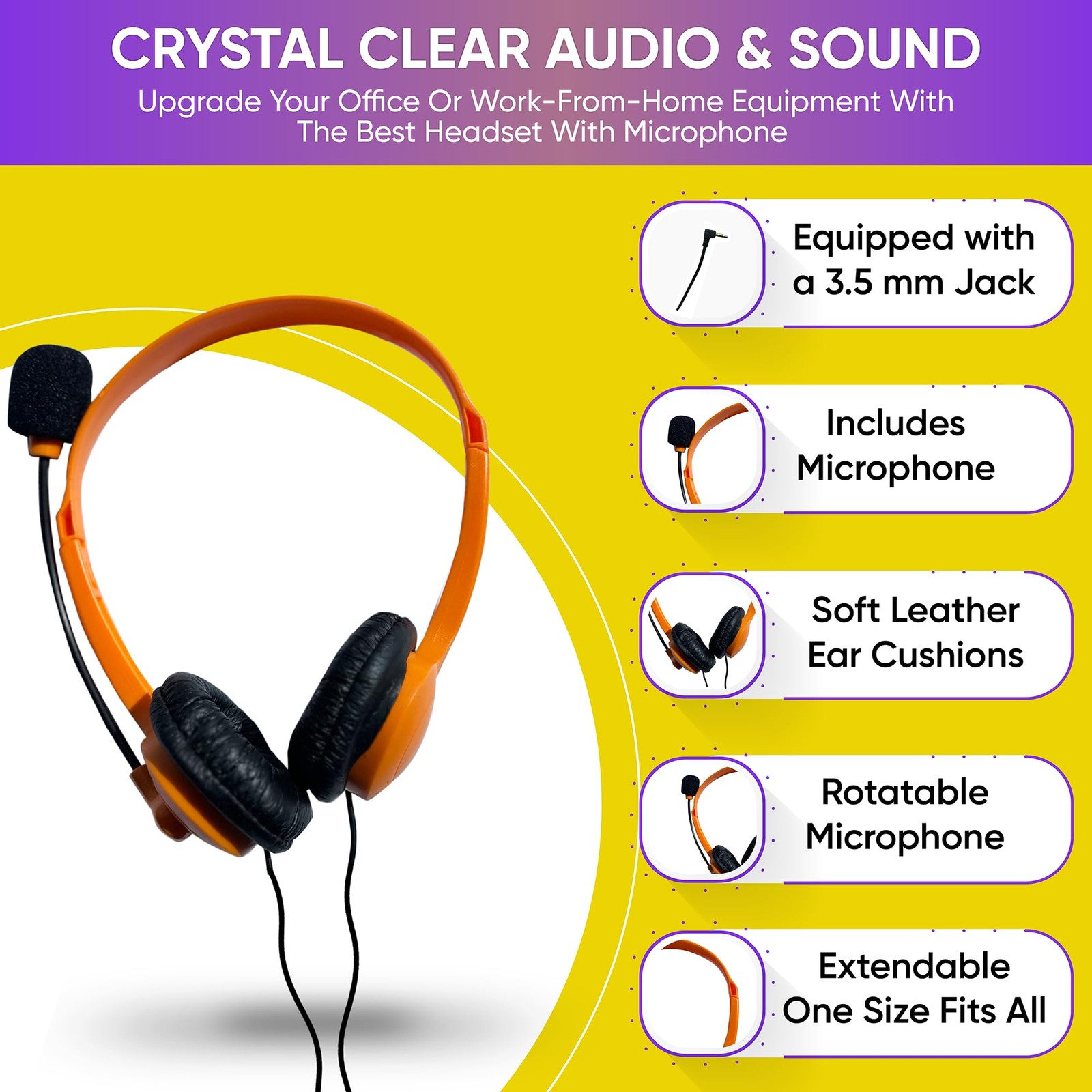 Bulktech 1 Pack Wired On-Ear Leather 1 Pack, headsets with mic black