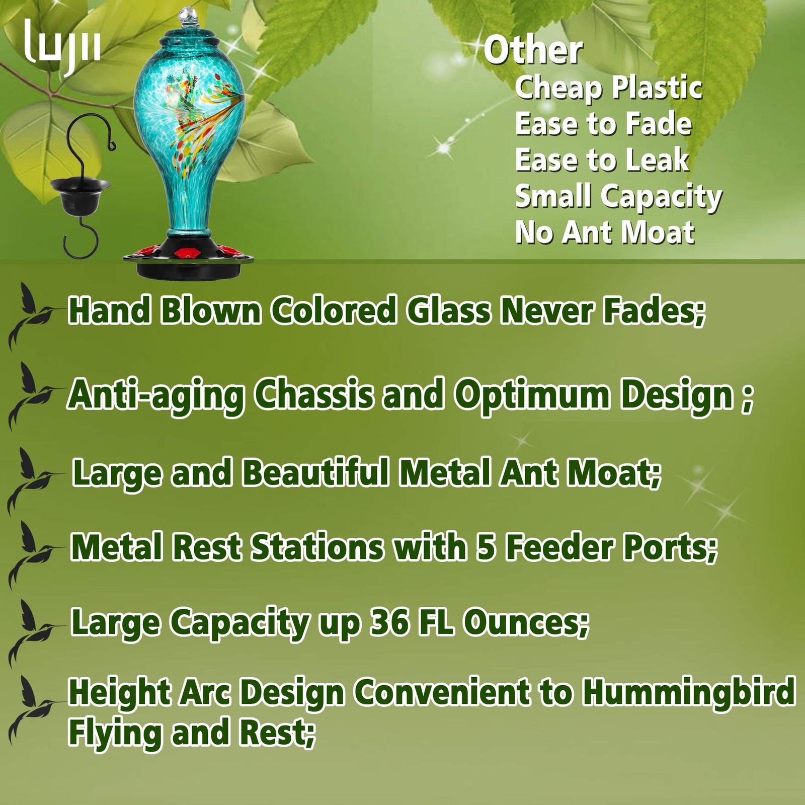 LUJII Hummingbird Feeder, Hand Blown Glass Large, Blue