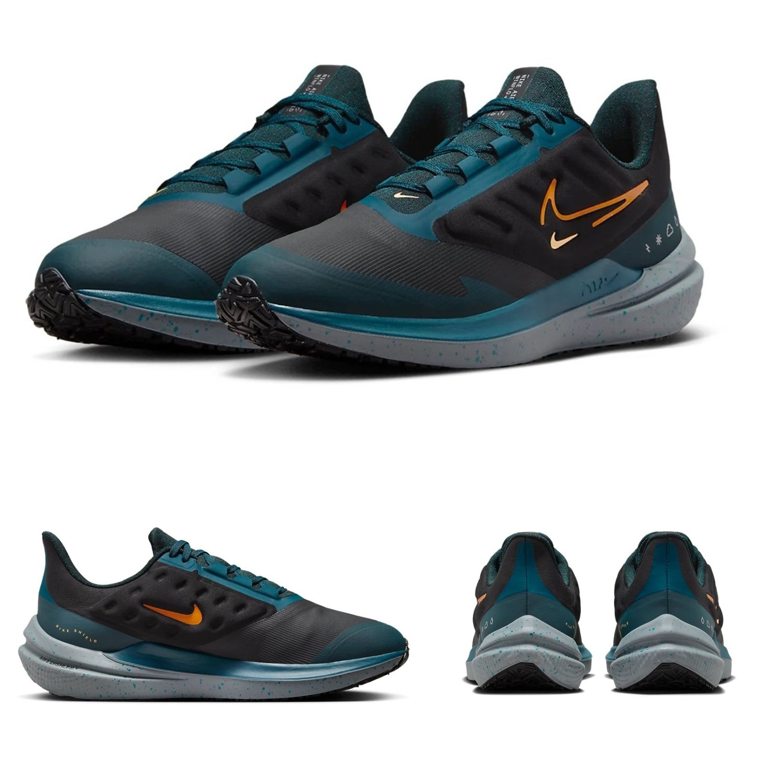 Nike Men's AIR WINFLO SHIELD Black - Deep Jungle - Orange Running Shoes NIB