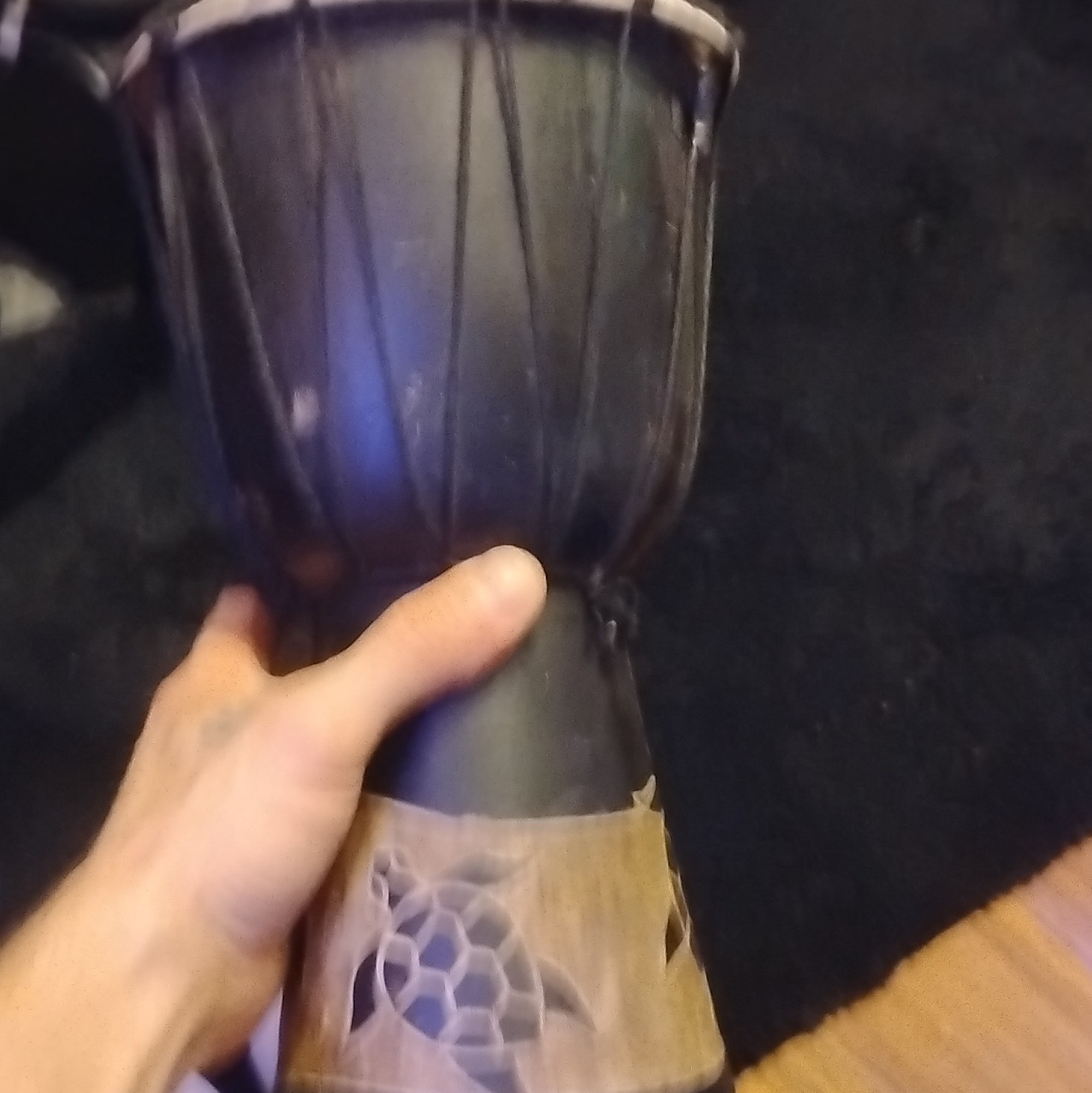 Wood Analog Rope-Tuned Djembe Hand Drum with Turtle Design Carving