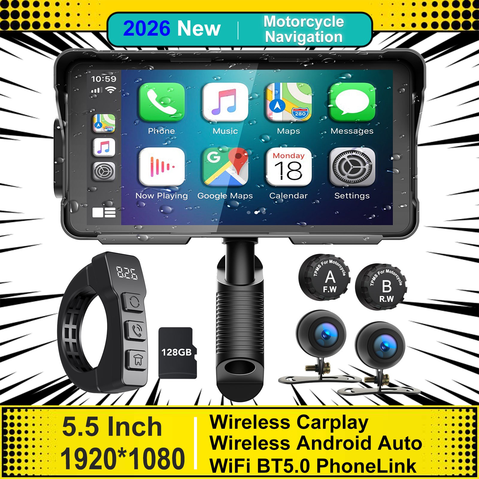 Motorcycle Navigation Carplay Wireless Android Auto Dash Cam TPMS Waterproof /BT
