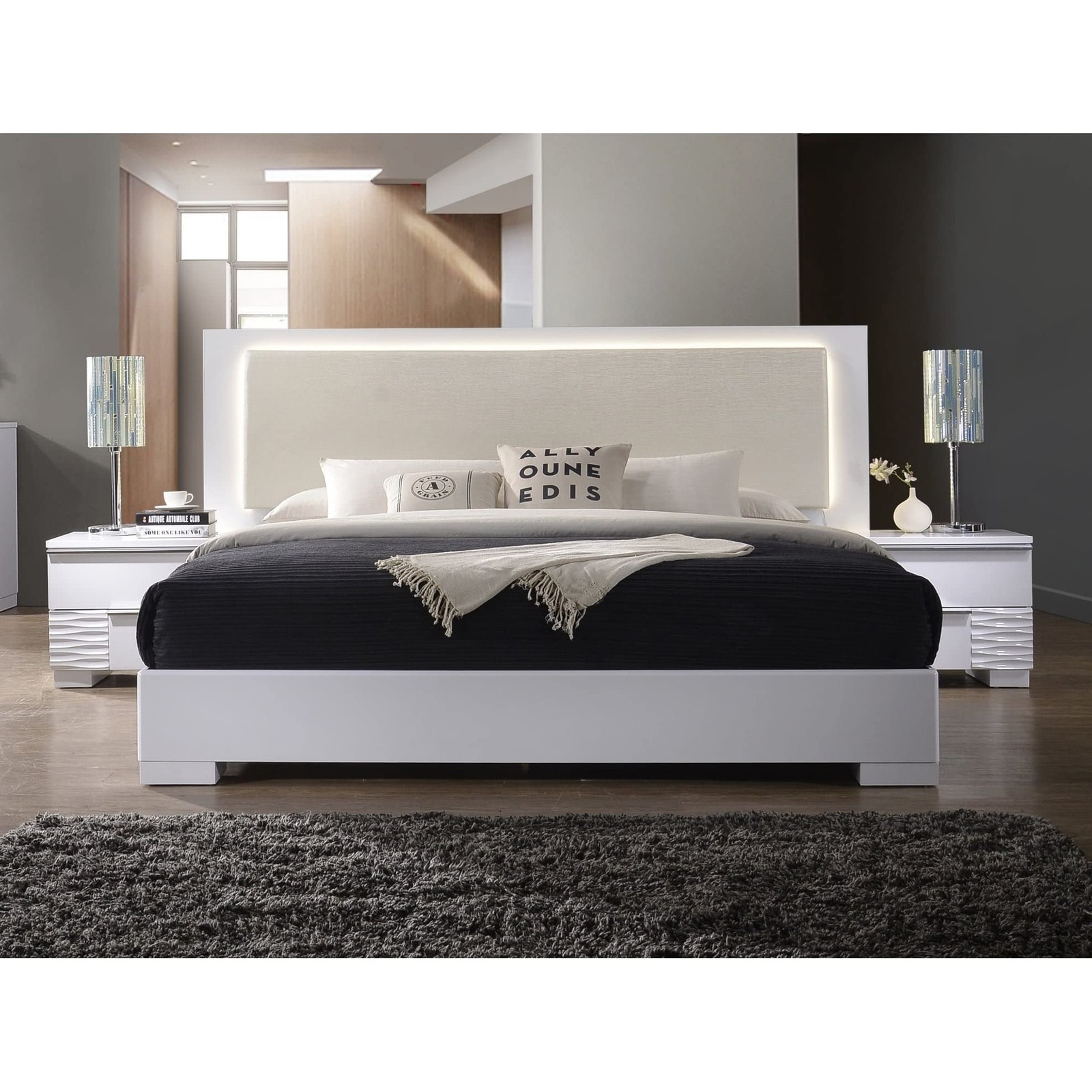Best Master Athens Eastern King Platform Bed with LED Lighting in White Lacquer