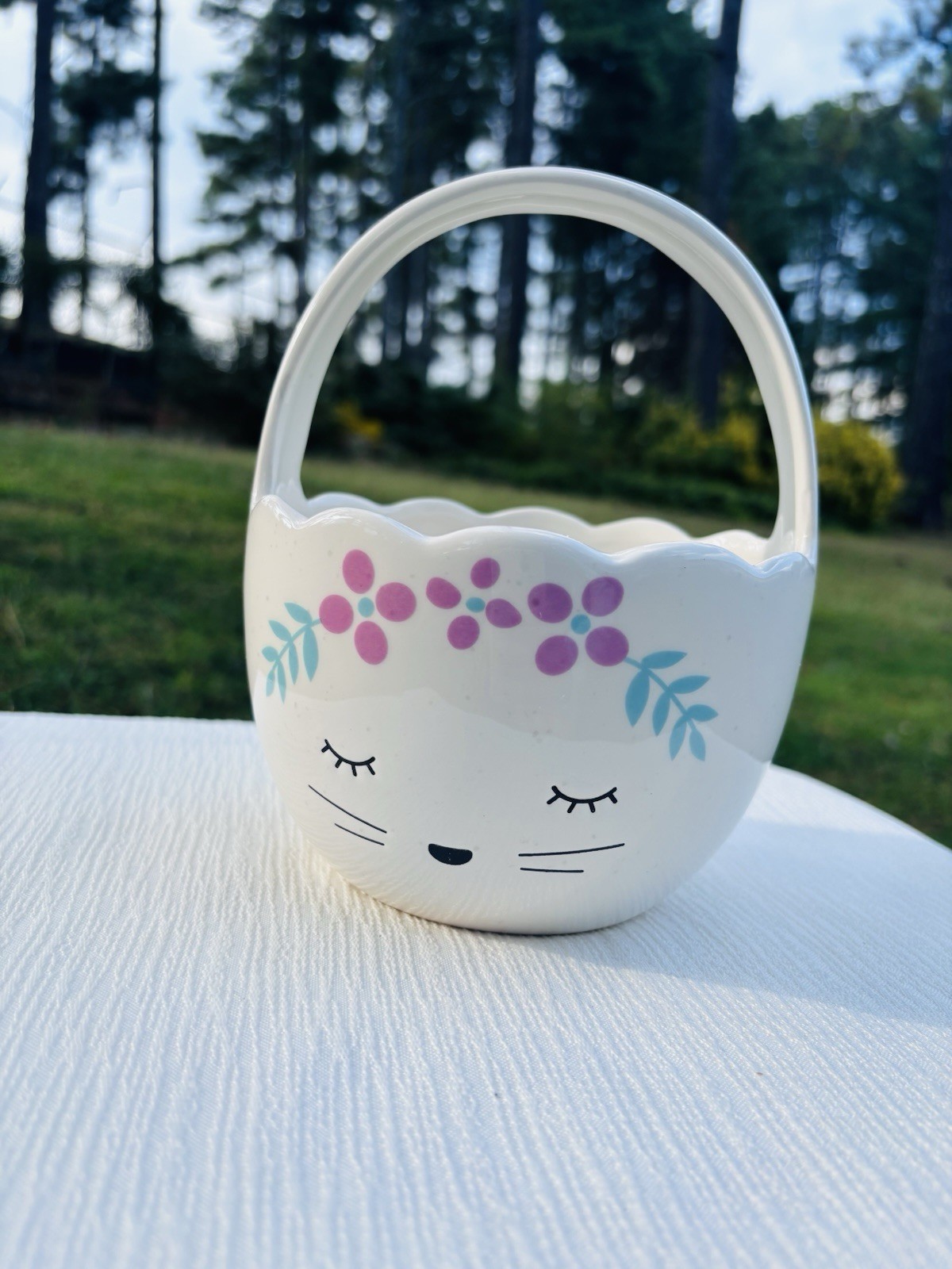 Cute Ceramic Planter Or Cotton Ball Container With Bunny Whiskers. Easter Basket