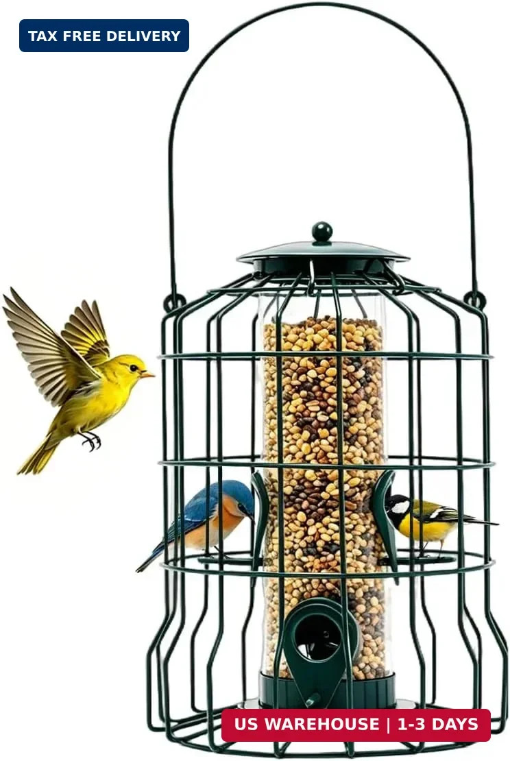 Squirrel Proof Bird Feeder, Metal Caged Outdoor Hanging Seed Feeder with Rainpro