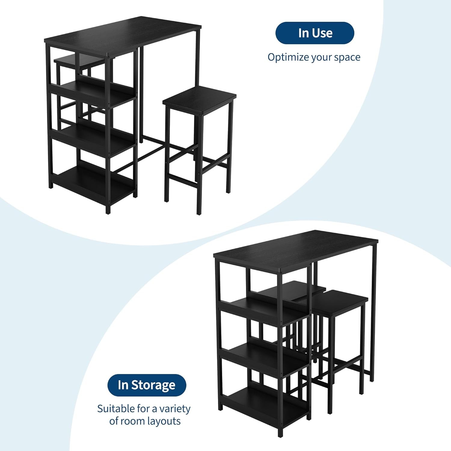 3-Piece Kitchen Table Set with Storage Shelves & 2 Bar Stools for Small Spaces
