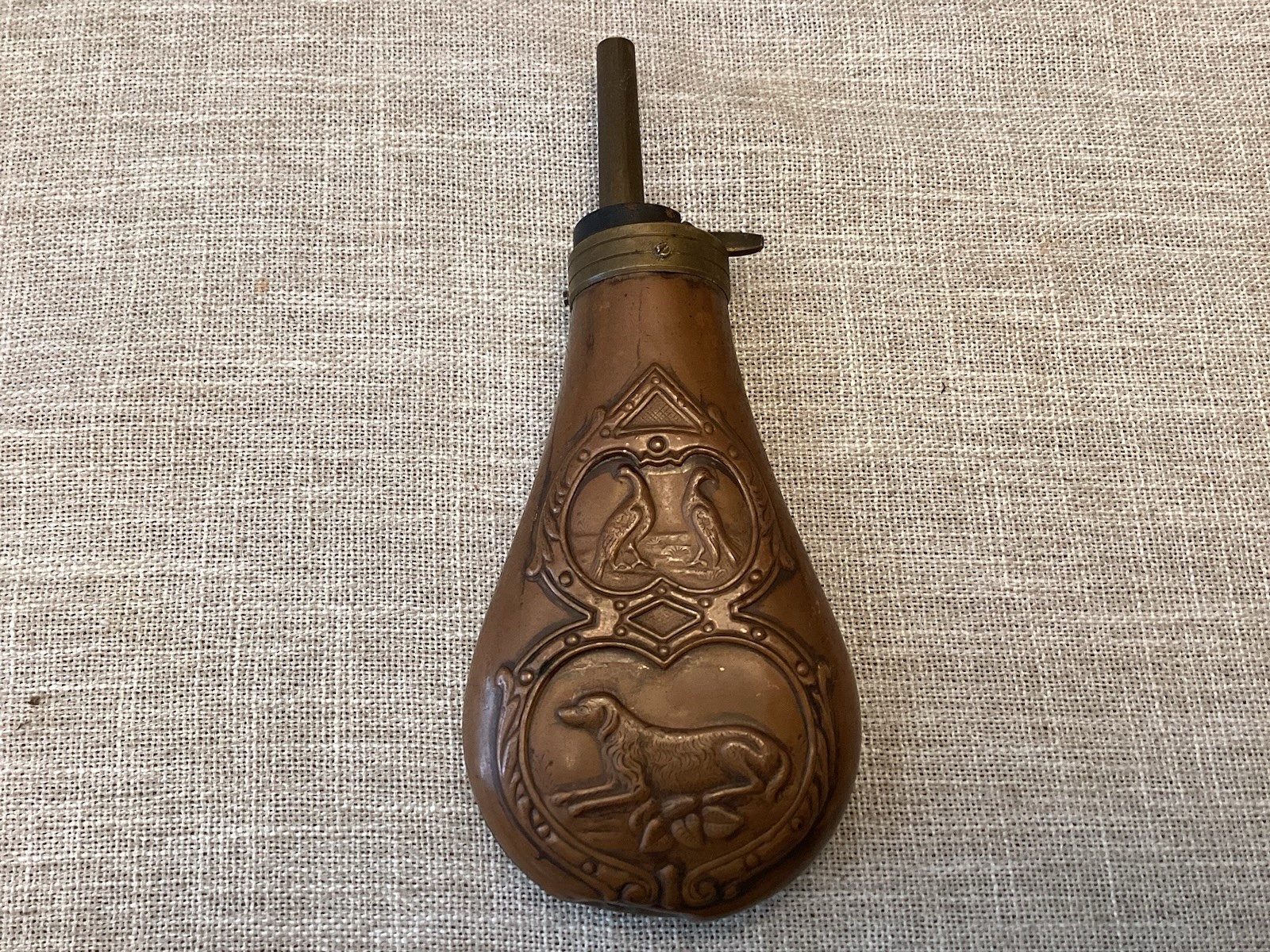 Vintage Antique Embossed Copper Brass Gun Powder Flask Hunting Dog Birds