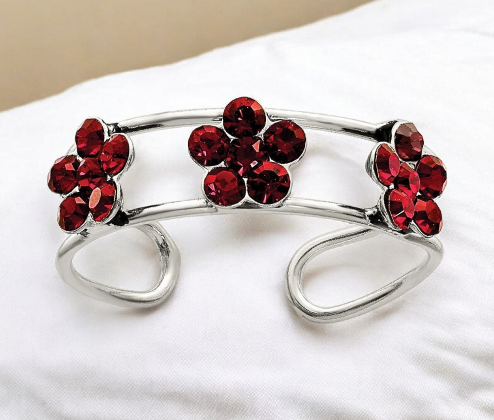 925 Sterling Silver Red Crystal Floral Adjustable Toe Ring - Jewelry Gifts for