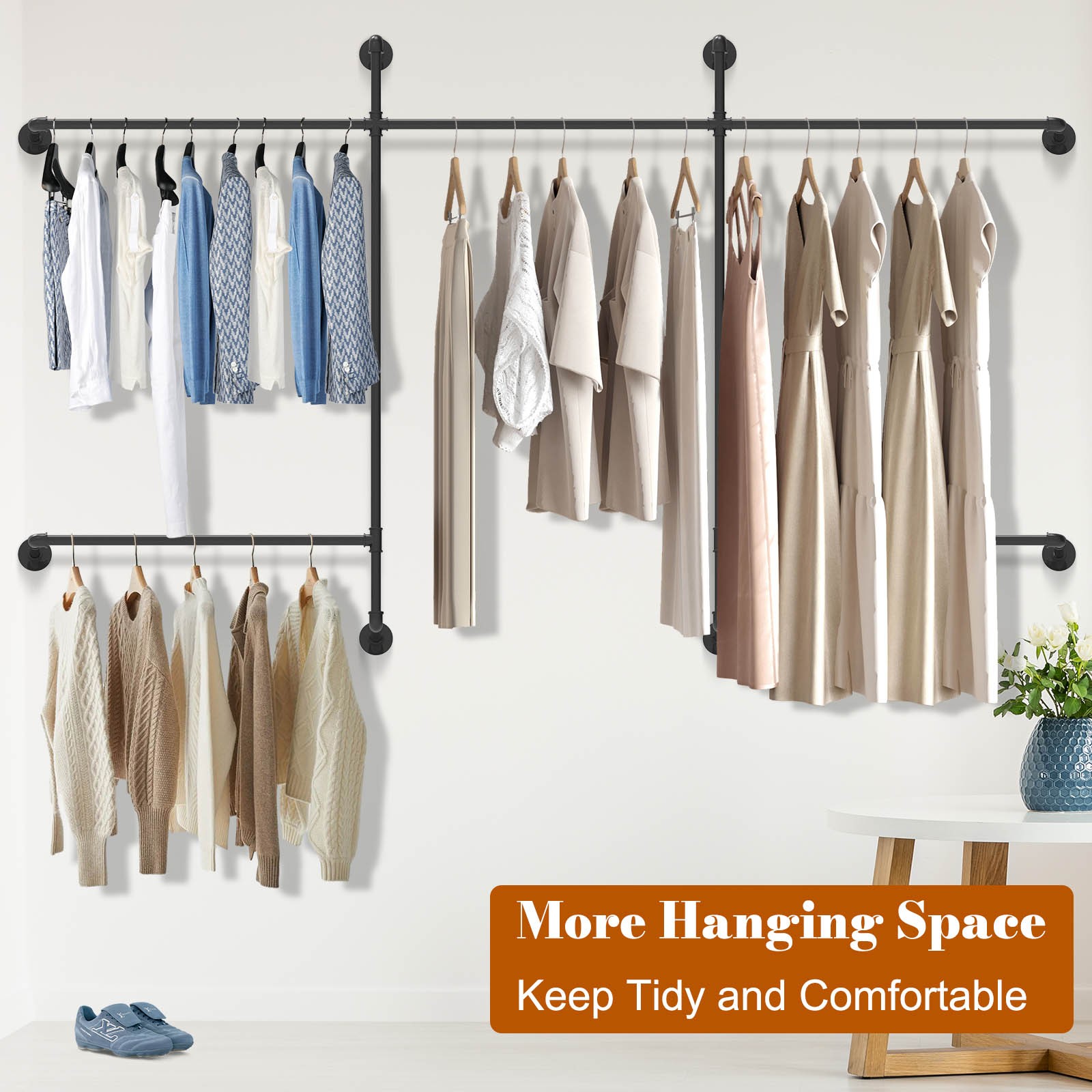 Industrial Pipe Clothing Racks Wall Mounted with 5 Hanging Rods