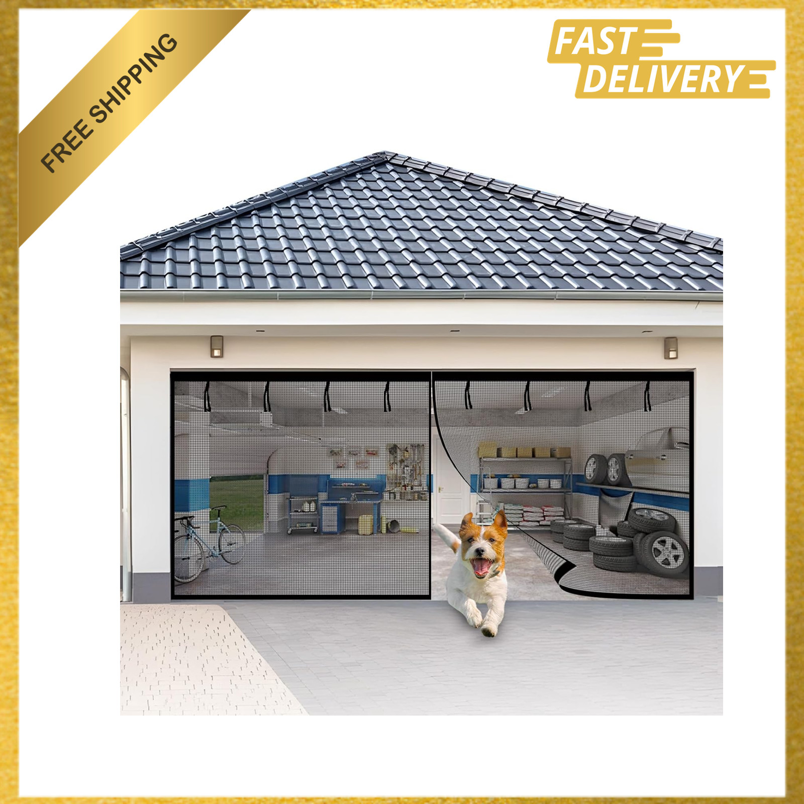 Fiberglass Garage Screen Door 16.3X7.15FT Heavy Duty Magnetic for 2 Car Garages