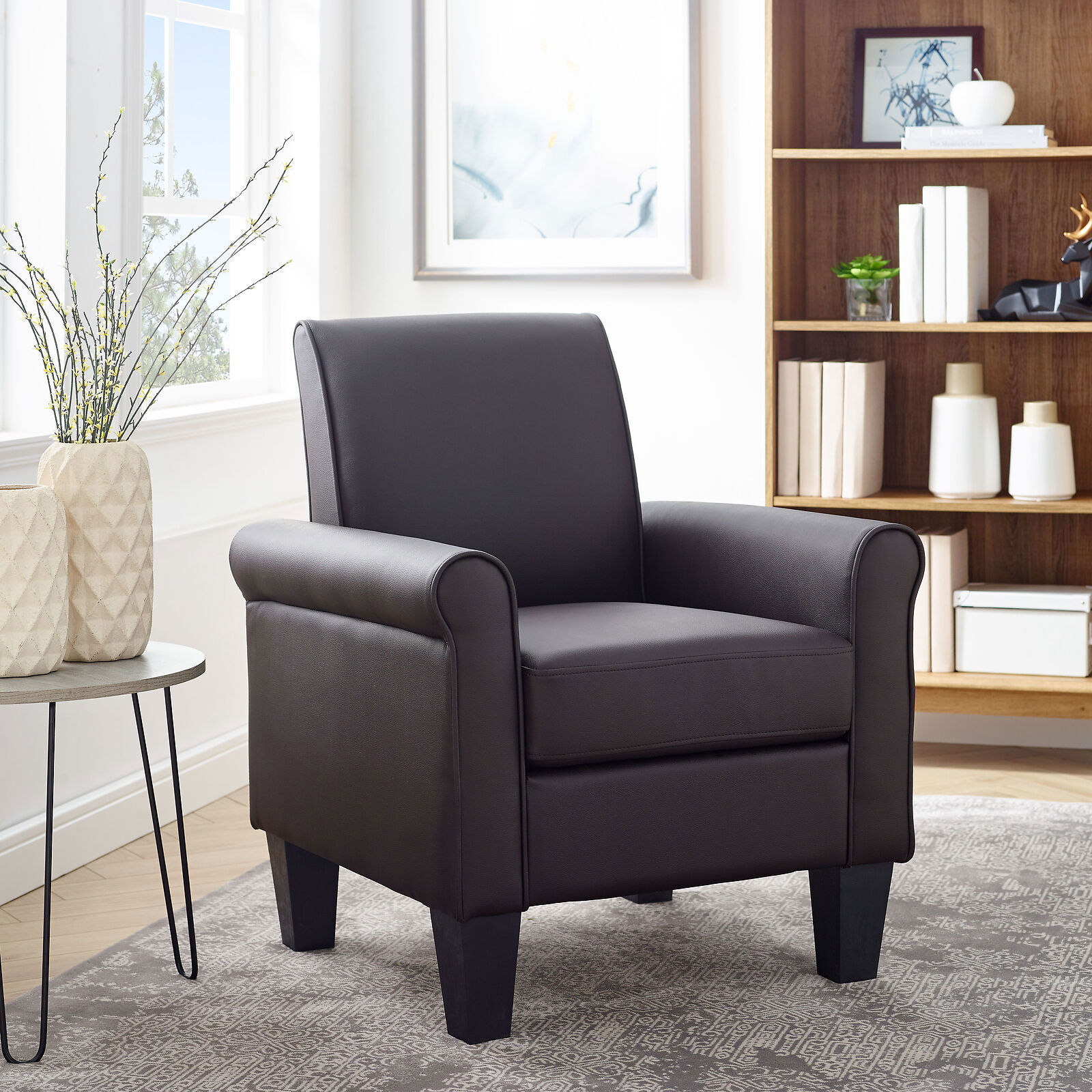 Upholstered Accent Arm Chair Faux Leather Single Sofa for Living Room